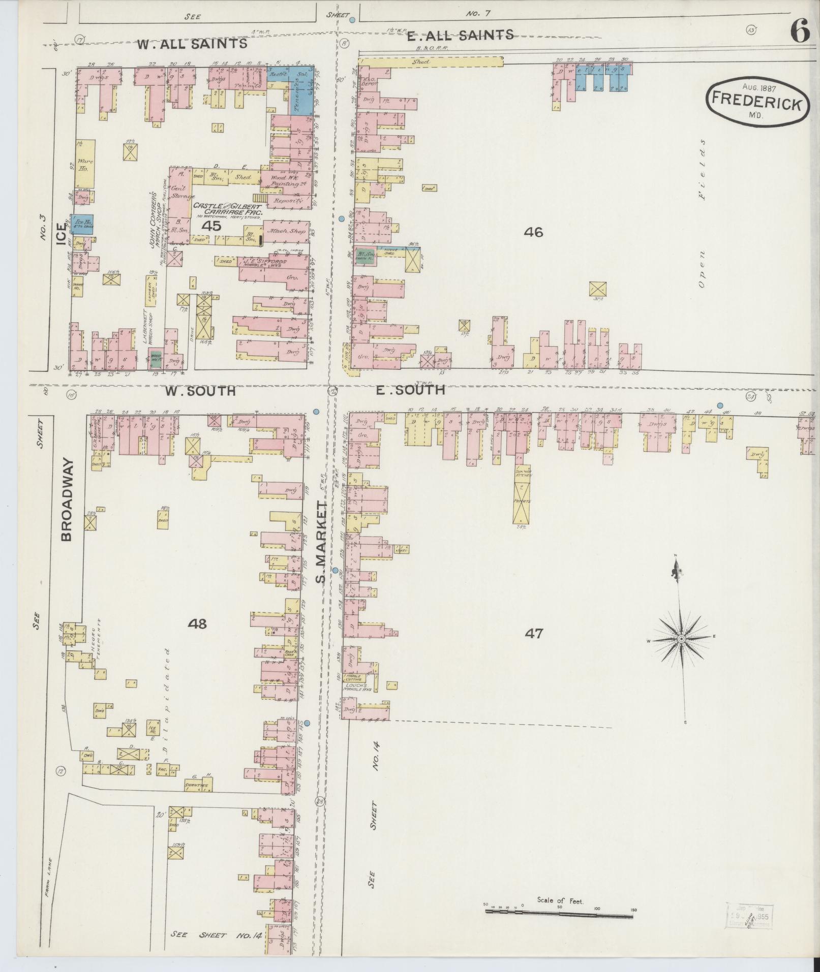 Frederick, Maryland - 1887 - Sanborn Fire Insurance Map, Sheet #0006 - Historic Sanborn Fire Insurance Map Print, Frederick Maryland 1887 0006 vintage old map wall art