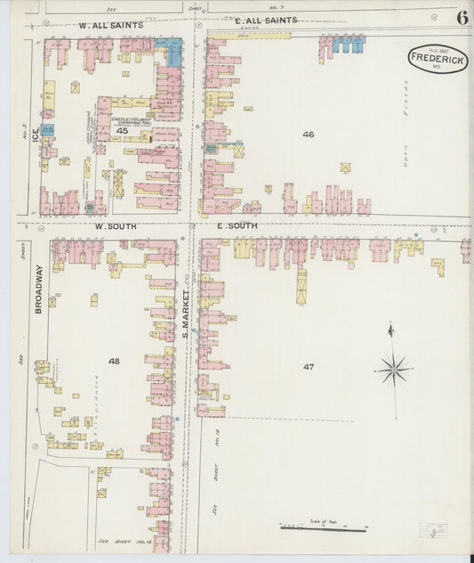 Frederick, Maryland - 1887 - Sanborn Fire Insurance Map, Sheet #0006 - Historic Sanborn Fire Insurance Map Print, Frederick Maryland 1887 0006 vintage old map wall art