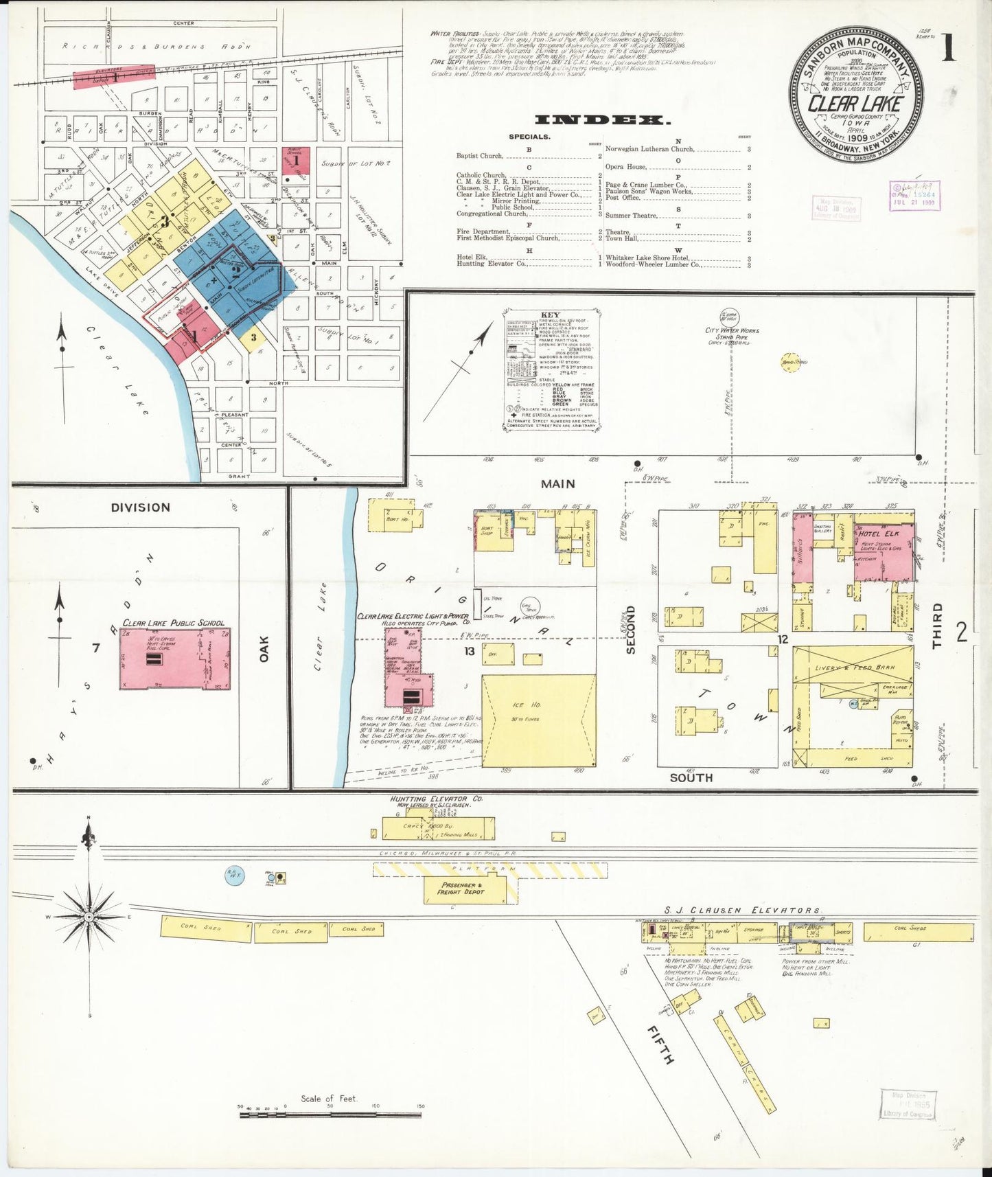 Sanborn Fire Insurance Map from Clear Lake, Cerro Gordo County, Iowa (1909), Sheet #0001 - Historic Sanborn Fire Insurance Map Print, vintage old map wall art