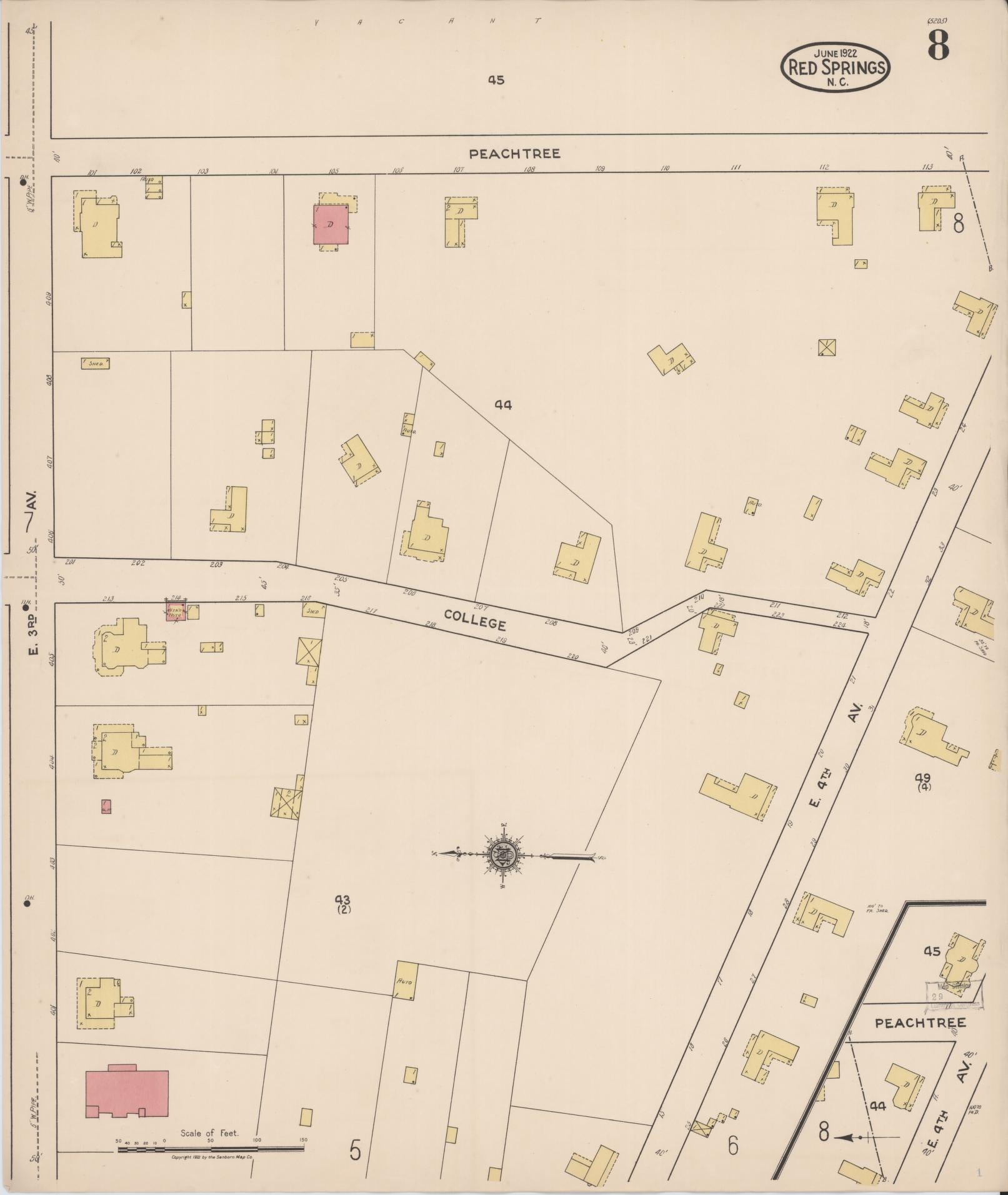 Sanborn Fire Insurance Map from Red Springs, Robeson County, North Carolina (1922), Sheet #0008 - Complete Map Set gallery image, historic Sanborn map, vintage wall art, North Carolina North Carolina