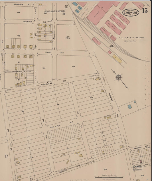 Sanborn Fire Insurance Map from Lyndhurst, Bergen County, New Jersey (1922), Sheet #0015 - Historic Sanborn Fire Insurance Map Print, vintage old map wall art, antique decor, genealogy gift, New Jersey New Jersey map