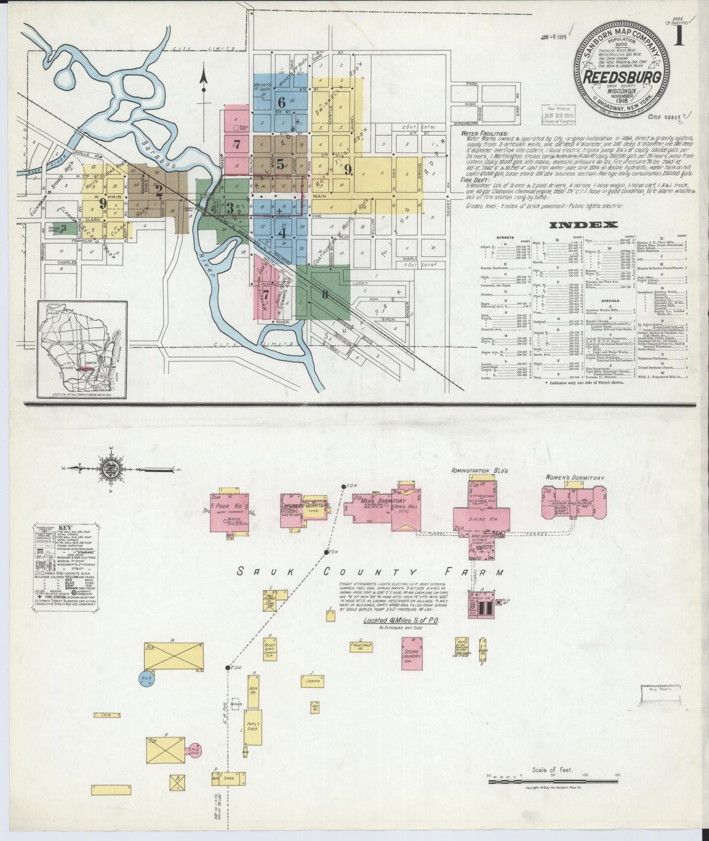 Sanborn Fire Insurance Map from Reedsburg, Sauk County, Wisconsin (1918), Sheet #0001 - Historic Sanborn Fire Insurance Map Print, vintage old map wall art, antique decor, genealogy gift, Wisconsin Wisconsin map