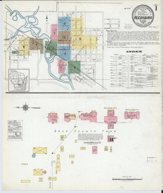 Sanborn Fire Insurance Map from Reedsburg, Sauk County, Wisconsin (1918), Sheet #0001 - Historic Sanborn Fire Insurance Map Print, vintage old map wall art, antique decor, genealogy gift, Wisconsin Wisconsin map