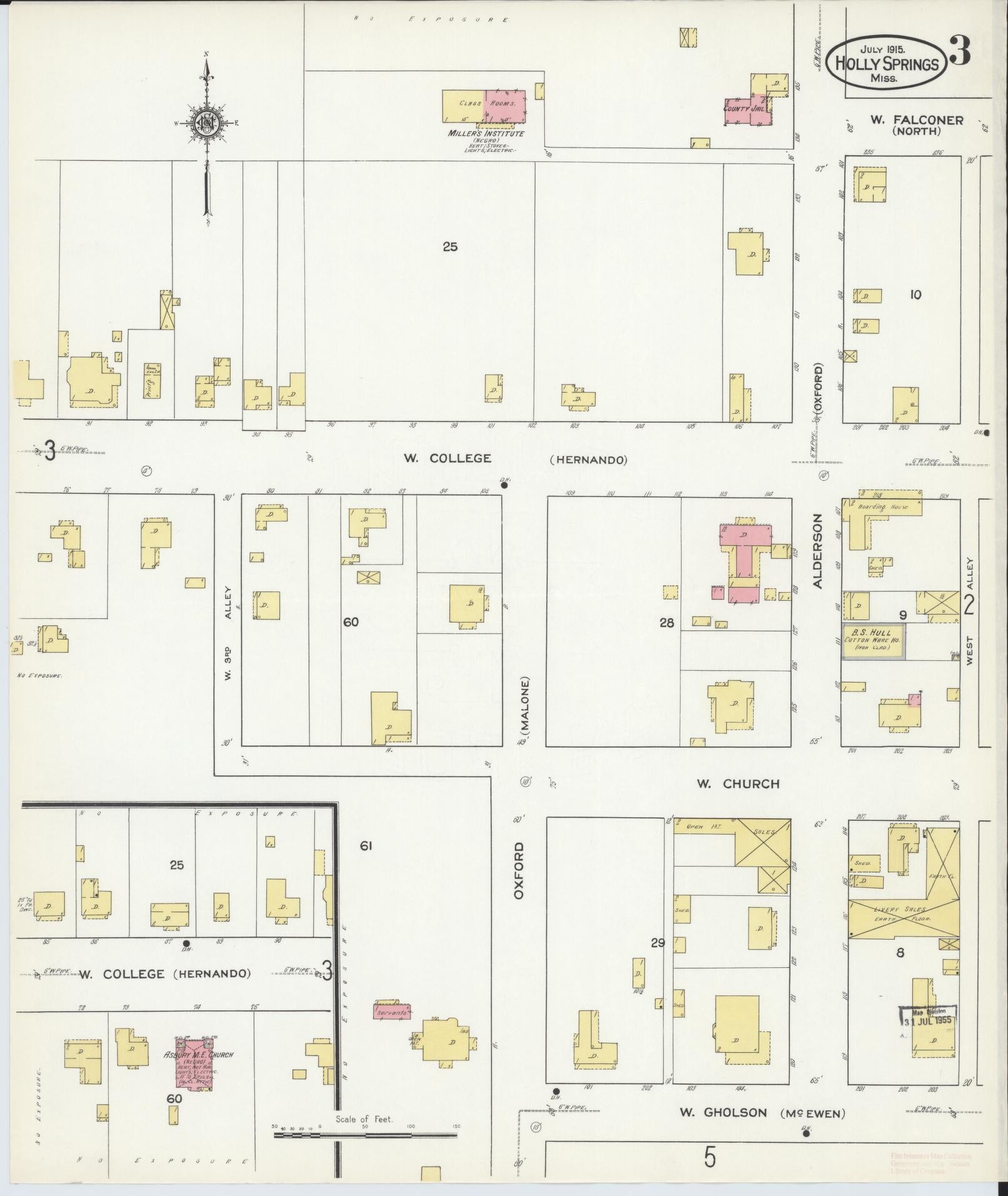 Sanborn Fire Insurance Map from Holly Springs, Marshall County, Mississippi (1915), Sheet #0003 - Historic Sanborn Fire Insurance Map Print, vintage old map wall art, antique decor, genealogy gift, Mississippi Mississippi map