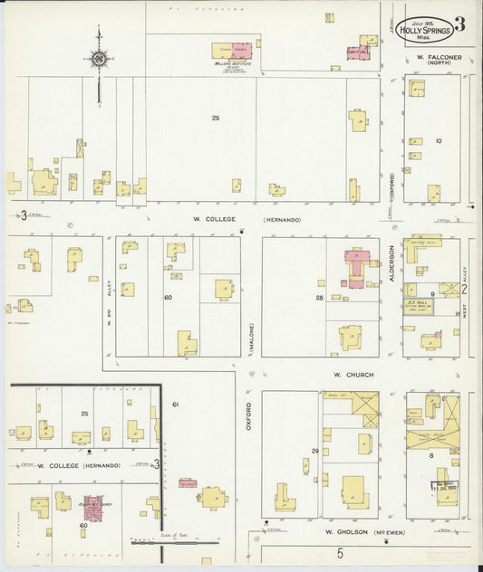 Sanborn Fire Insurance Map from Holly Springs, Marshall County, Mississippi (1915), Sheet #0003 - Historic Sanborn Fire Insurance Map Print, vintage old map wall art, antique decor, genealogy gift, Mississippi Mississippi map