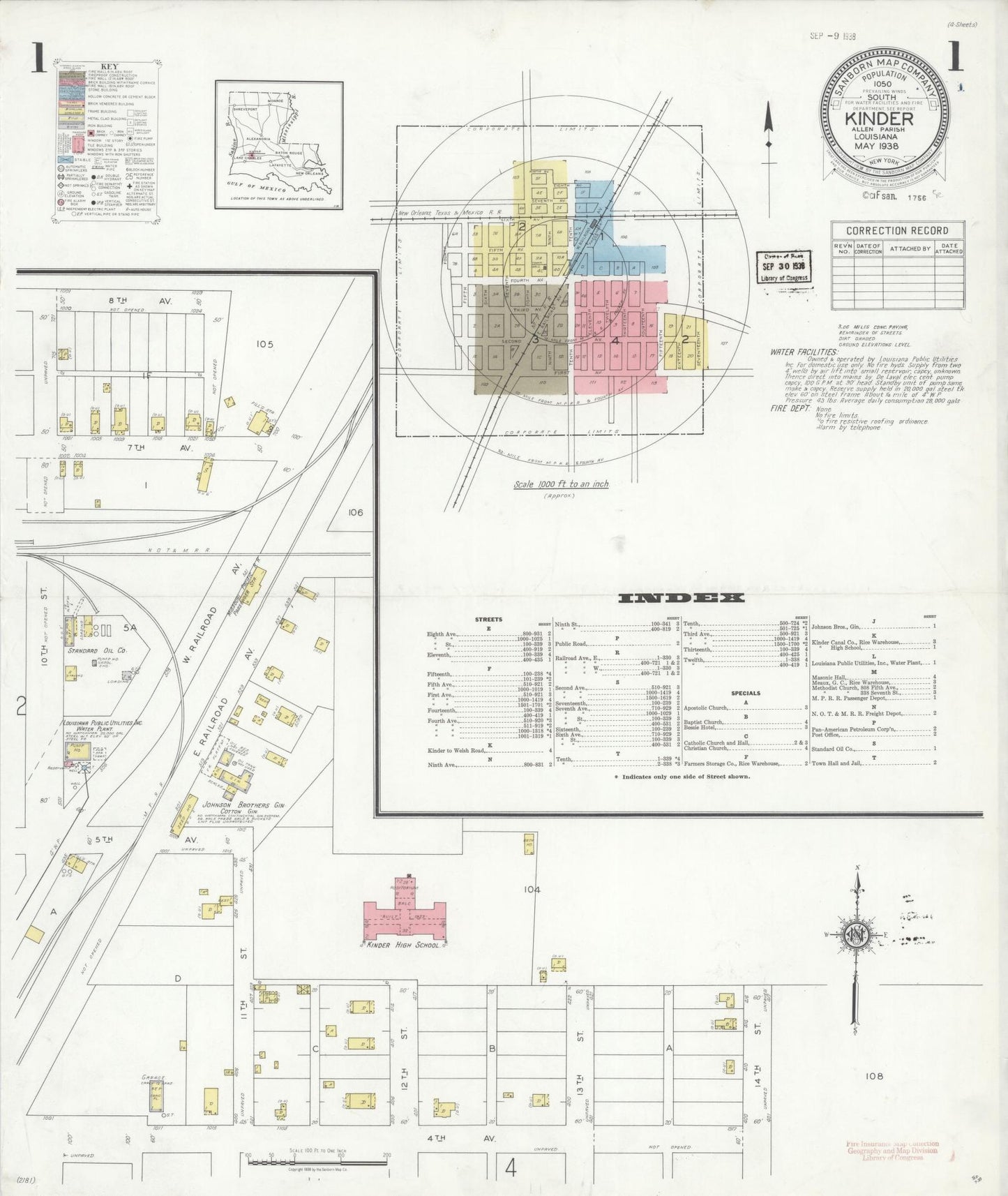Sanborn Fire Insurance Map from Kinder, Allen Parish, Louisiana (1938), Sheet #0001 - Historic Sanborn Fire Insurance Map Print, vintage old map wall art, antique decor, genealogy gift, Louisiana Louisiana map