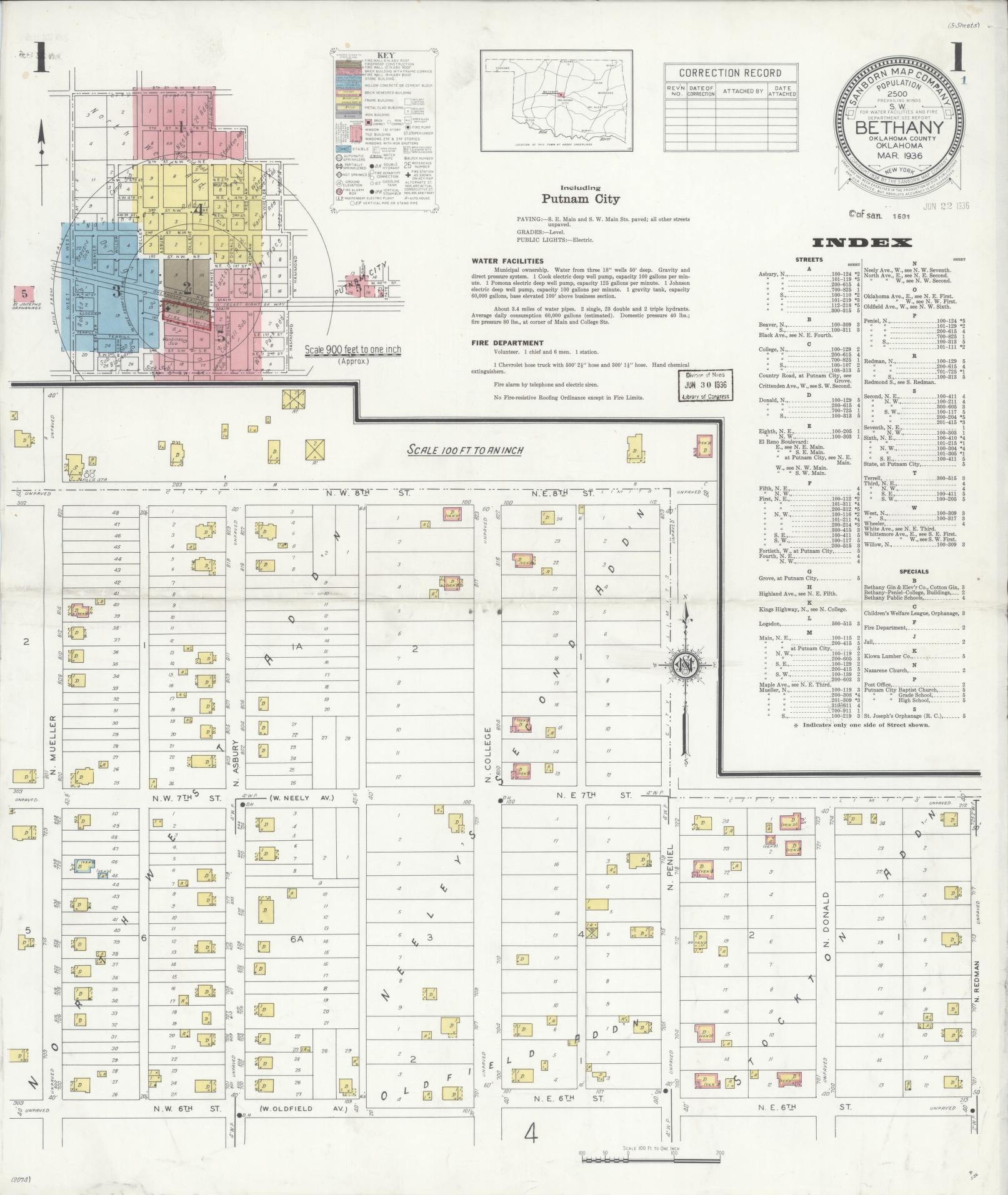 Sanborn Fire Insurance Map from Bethany, Oklahoma County, Oklahoma (1936), Sheet #0001 - Historic Sanborn Fire Insurance Map Print, vintage old map wall art, antique decor, genealogy gift, Bethany Oklahoma map