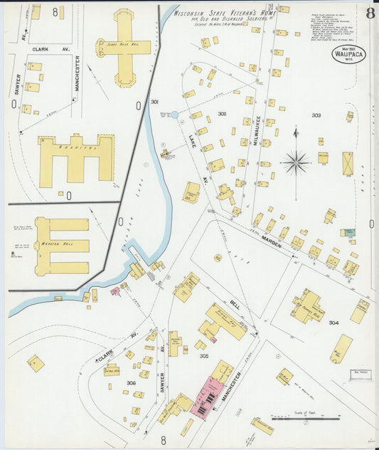 Sanborn Fire Insurance Map from Waupaca, Waupaca County, Wisconsin (1901), Sheet #0008 - Historic Sanborn Fire Insurance Map Print, vintage old map wall art, antique decor, genealogy gift, Wisconsin Wisconsin map