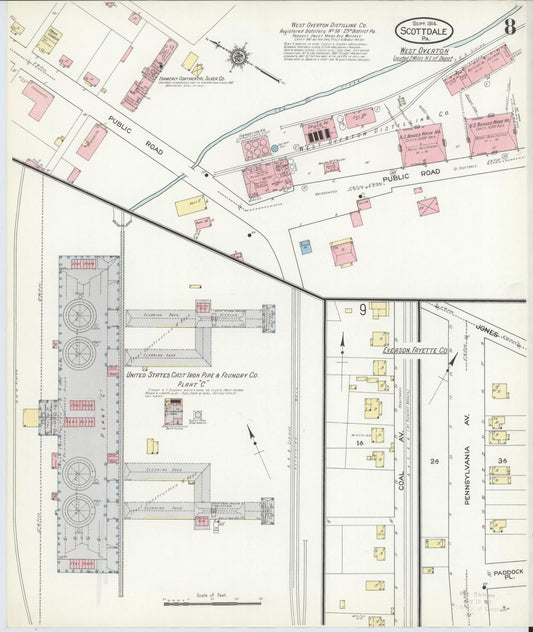 Sanborn Fire Insurance Map from Scottdale, Westmoreland County, Pennsylvania (1914), Sheet #0008 - Historic Sanborn Fire Insurance Map Print, vintage old map wall art, antique decor, genealogy gift, Pennsylvania Pennsylvania map