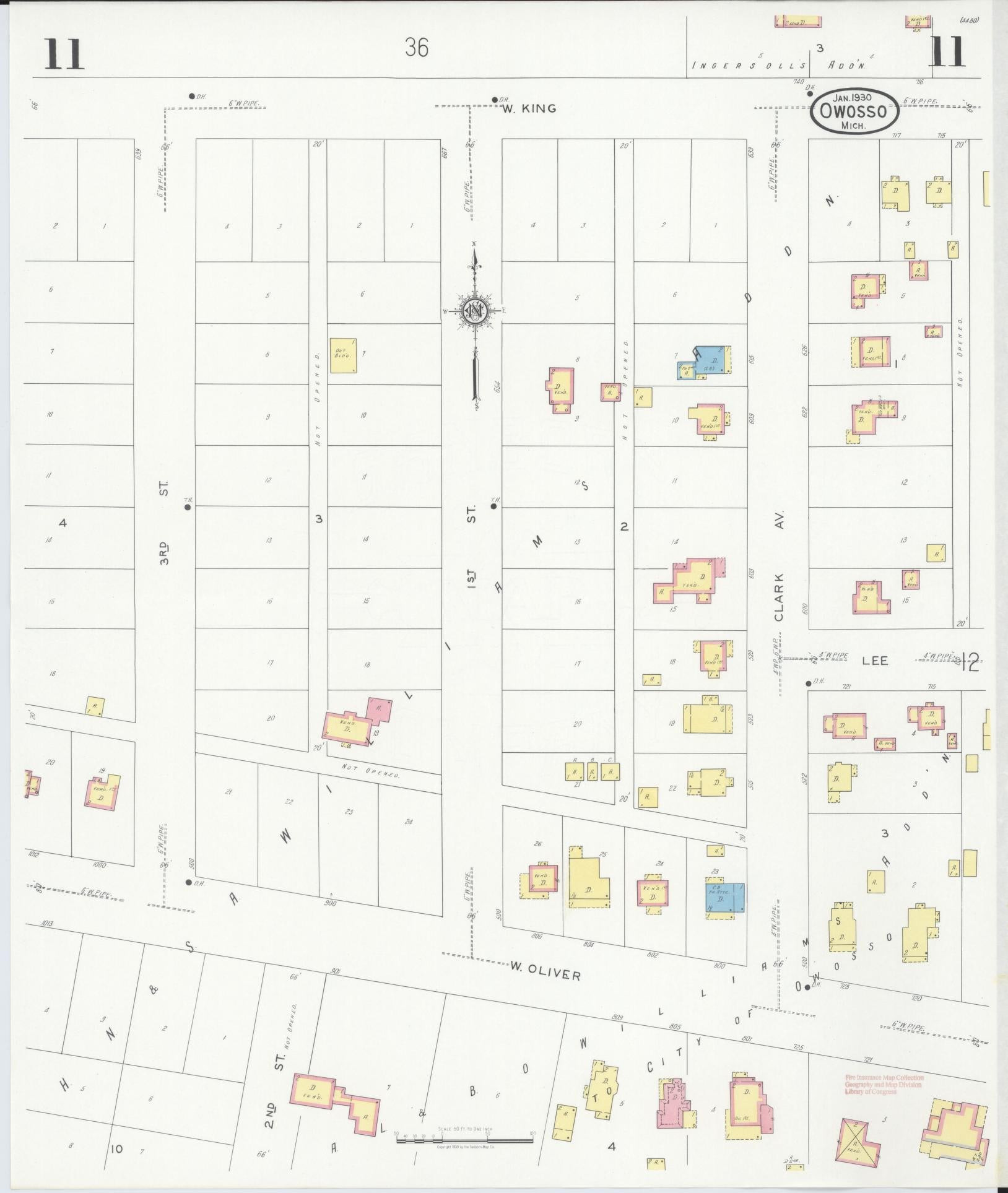 Sanborn Fire Insurance Map from Owosso, Shiawassee County, Michigan (1930), Sheet #0011 - Historic Sanborn Fire Insurance Map Print, vintage old map wall art, antique decor, genealogy gift, Michigan Michigan map