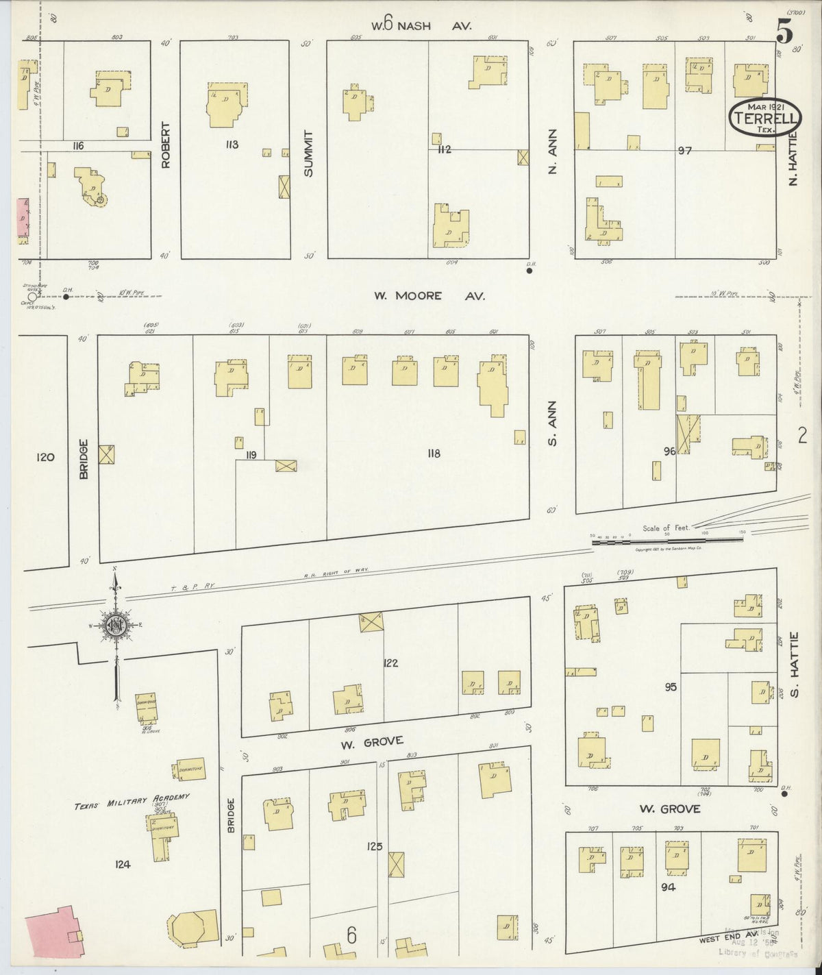Sanborn Fire Insurance Map from Terrell, Kaufman County, Texas (1921), Sheet #0005 - Historic Sanborn Fire Insurance Map Print, vintage old map wall art, antique decor, genealogy gift, Texas Texas map
