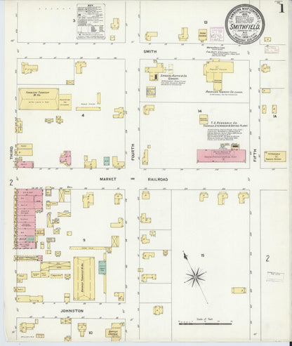 Sanborn Fire Insurance Map from Smithfield, Johnston County, North Carolina (1908), Sheet #0001 - Complete Map Set gallery image, historic Sanborn map, vintage wall art, North Carolina North Carolina