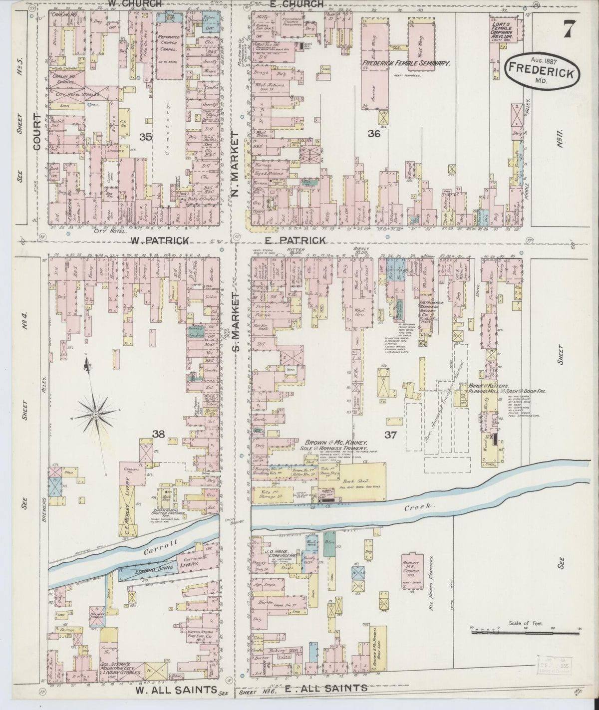 Sanborn Fire Insurance Map from Frederick, Frederick County, Maryland (1887), Sheet #0007 - Historic Sanborn Fire Insurance Map Print, vintage old map wall art, antique decor, genealogy gift, Maryland Maryland map