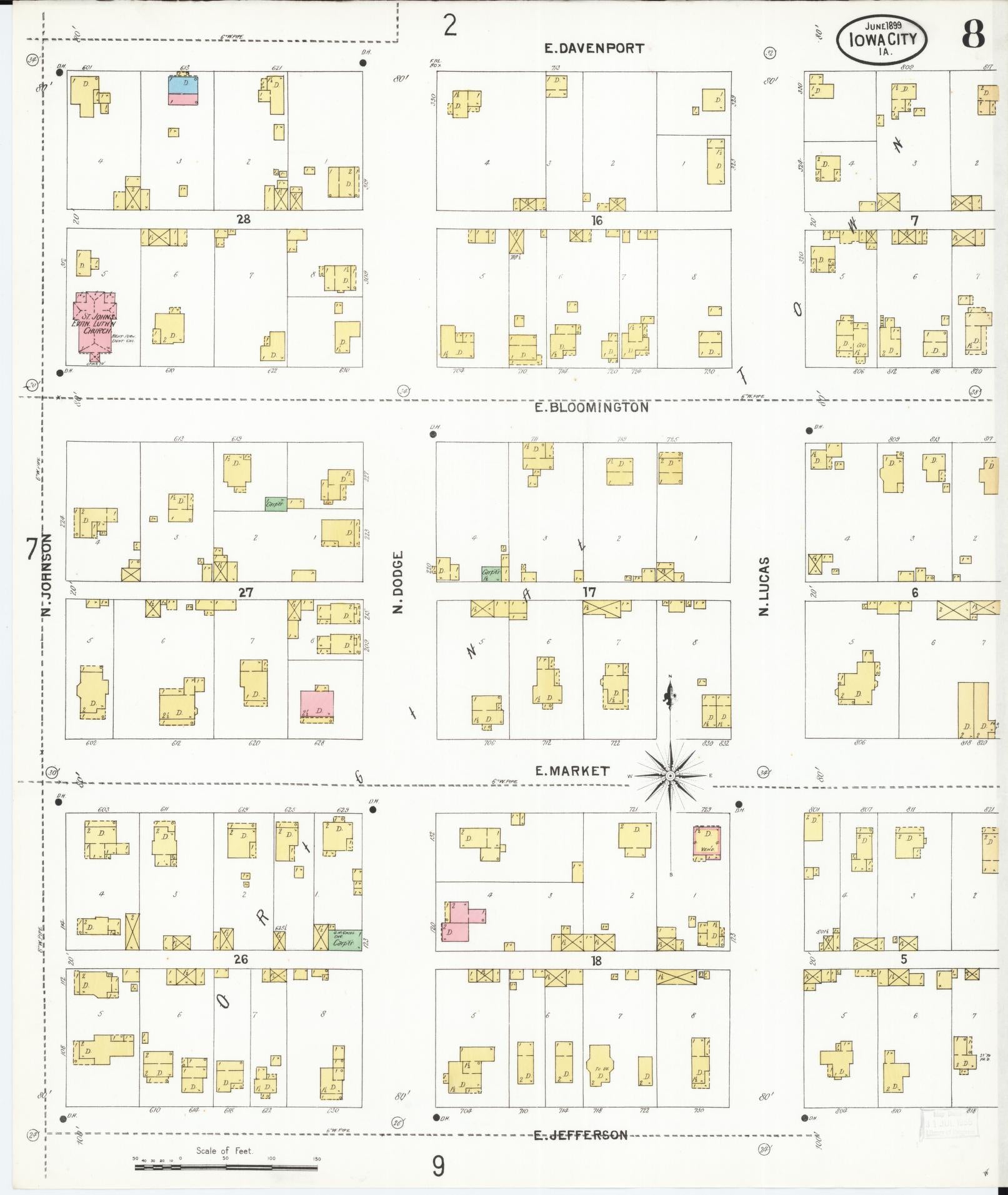 Sanborn Fire Insurance Map from Iowa City, Johnson County, Iowa (1899), Sheet #0008 - Historic Sanborn Fire Insurance Map Print, vintage old map wall art