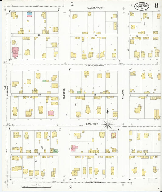 Sanborn Fire Insurance Map from Iowa City, Johnson County, Iowa (1899), Sheet #0008 - Historic Sanborn Fire Insurance Map Print, vintage old map wall art