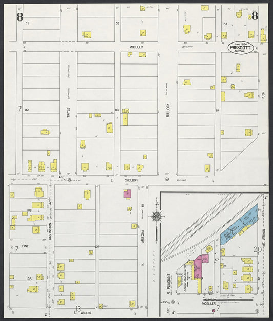 Sanborn Fire Insurance Map from Prescott, Yavapai County, Arizona (1924), Sheet #0008 - Historic Sanborn Fire Insurance Map Print, vintage old map wall art, antique decor, genealogy gift, Arizona Arizona map