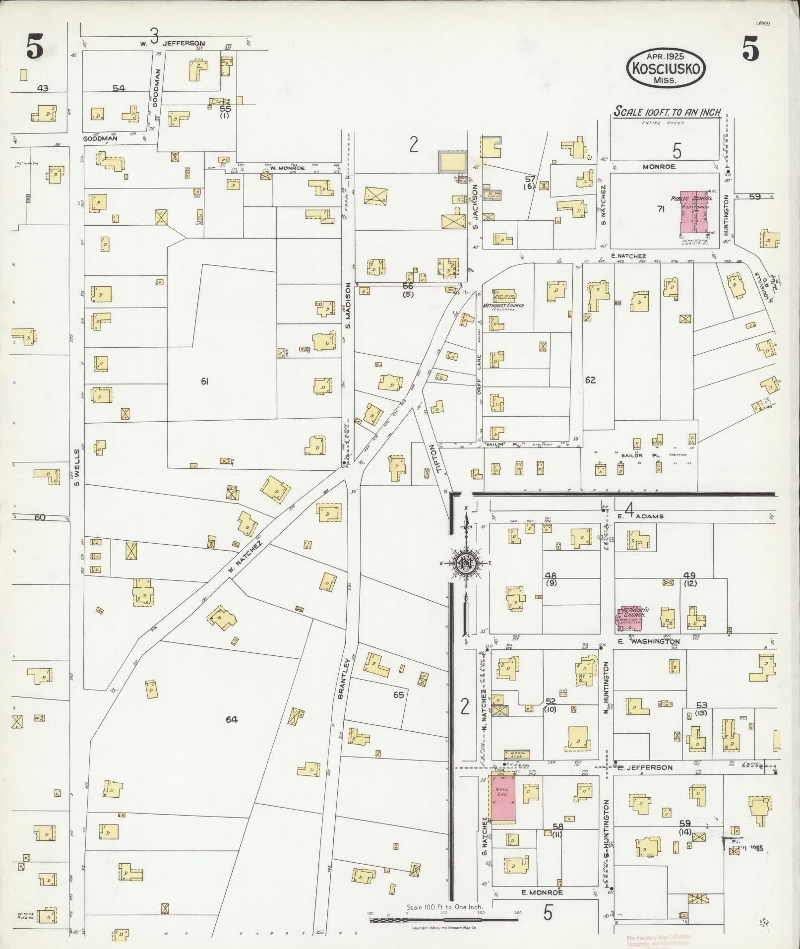 Sanborn Fire Insurance Map from Kosciusko, Attala County, Mississippi (1925), Sheet #0005 - Complete Map Set gallery image, historic Sanborn map, vintage wall art, Mississippi Mississippi