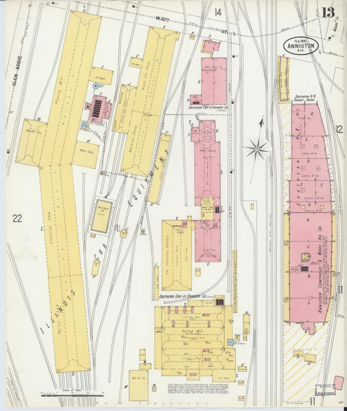 Sanborn Fire Insurance Map from Anniston, Calhoun County, Alabama (1900), Sheet #0013 - Historic Sanborn Fire Insurance Map Print, vintage old map wall art, antique decor, genealogy gift, Alabama Alabama map