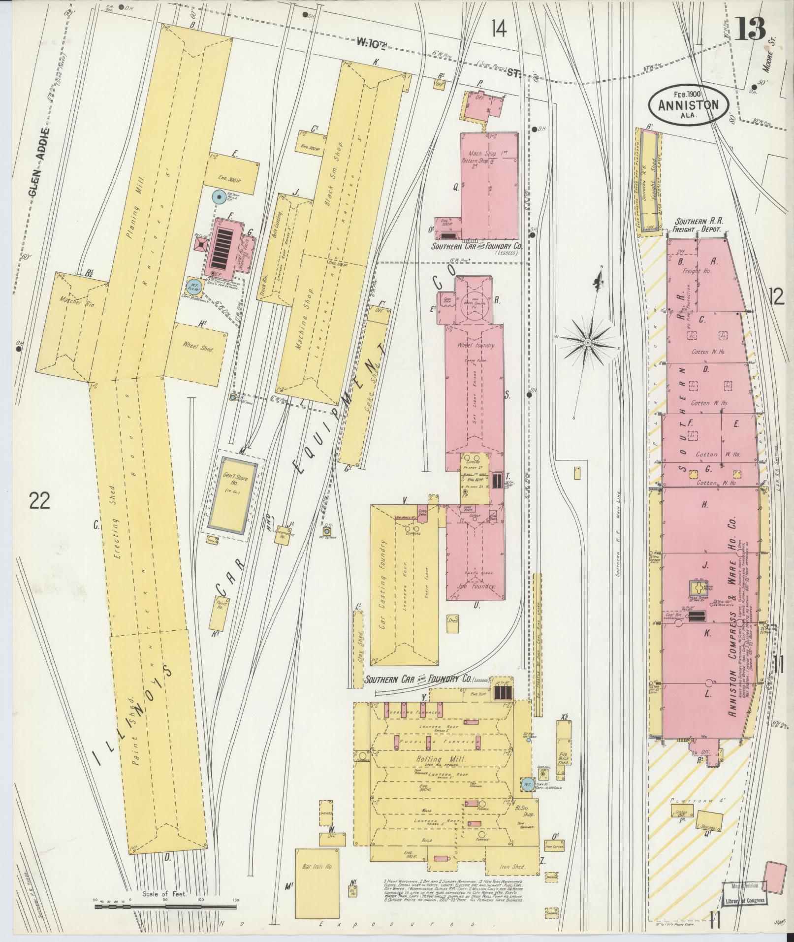 Sanborn Fire Insurance Map from Anniston, Calhoun County, Alabama (1900), Sheet #0013 - Historic Sanborn Fire Insurance Map Print, vintage old map wall art, antique decor, genealogy gift, Alabama Alabama map