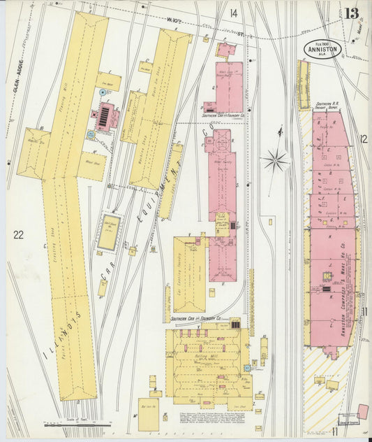 Sanborn Fire Insurance Map from Anniston, Calhoun County, Alabama (1900), Sheet #0013 - Historic Sanborn Fire Insurance Map Print, vintage old map wall art, antique decor, genealogy gift, Alabama Alabama map
