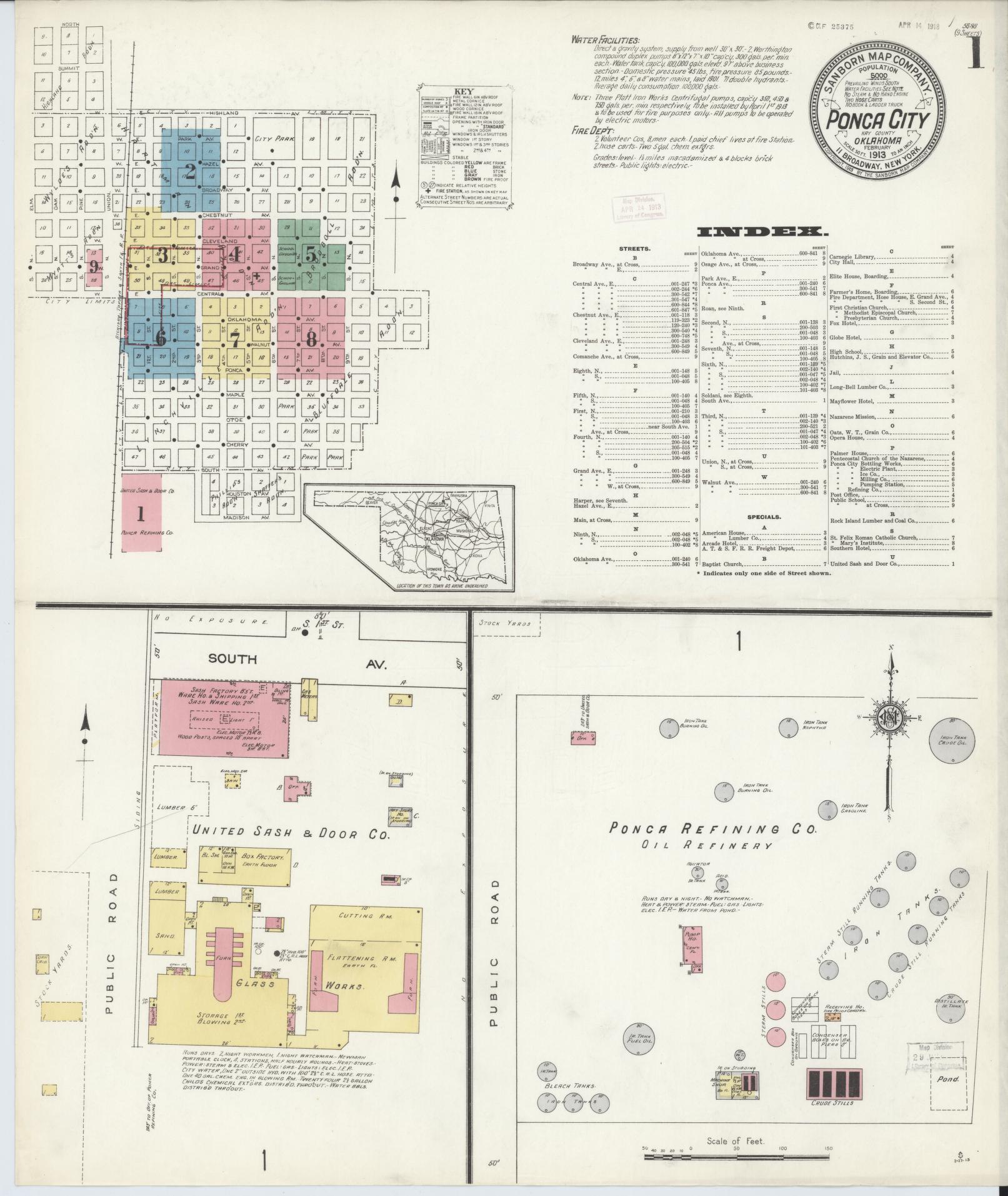 Sanborn Fire Insurance Map from Ponca City, Kay County, Oklahoma (1913), Sheet #0001 - Complete Map Set gallery image, historic Sanborn map, vintage wall art, Oklahoma Oklahoma