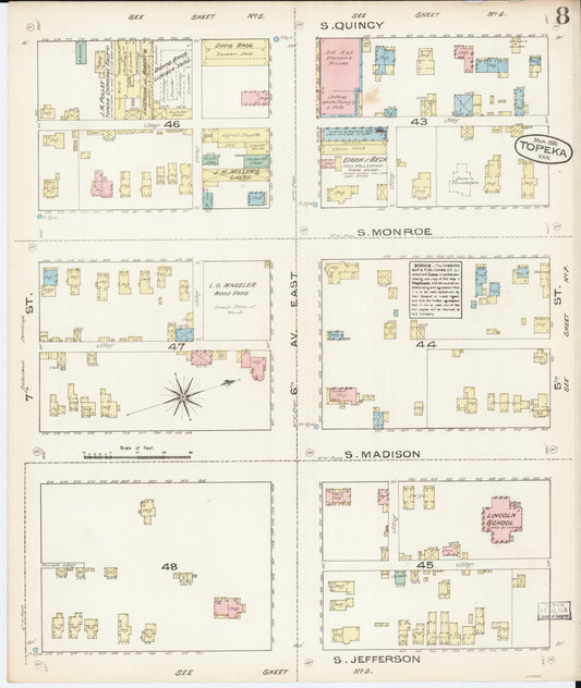 Sanborn Fire Insurance Map from Topeka, Shawnee County, Kansas (1885), Sheet #0008 - Historic Sanborn Fire Insurance Map Print, vintage old map wall art, antique decor, genealogy gift, Kansas Kansas map