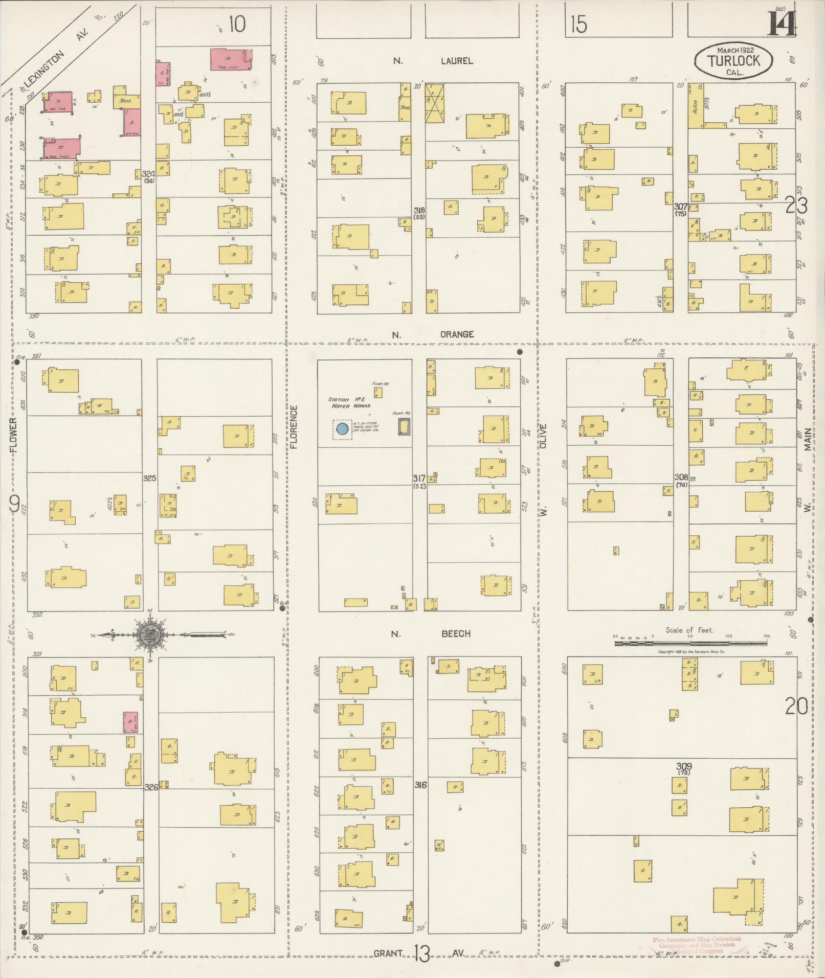 Sanborn Fire Insurance Map from Turlock, Stanislaus County, California (1922), Sheet #0014 - Complete Map Set gallery image, historic Sanborn map, vintage wall art, California California