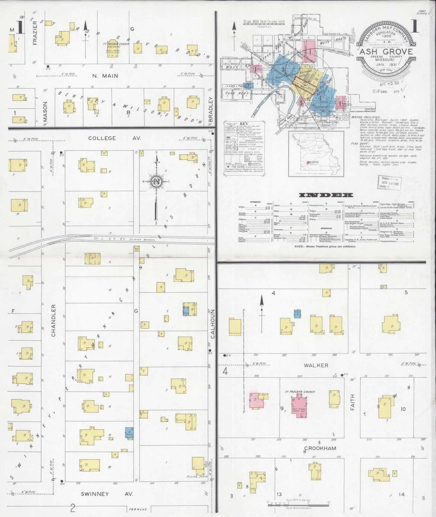 Sanborn Fire Insurance Map from Ash Grove, Greene County, Missouri (1931), Sheet #0001 - Historic Sanborn Fire Insurance Map Print, vintage old map wall art, antique decor, genealogy gift, Missouri Missouri map