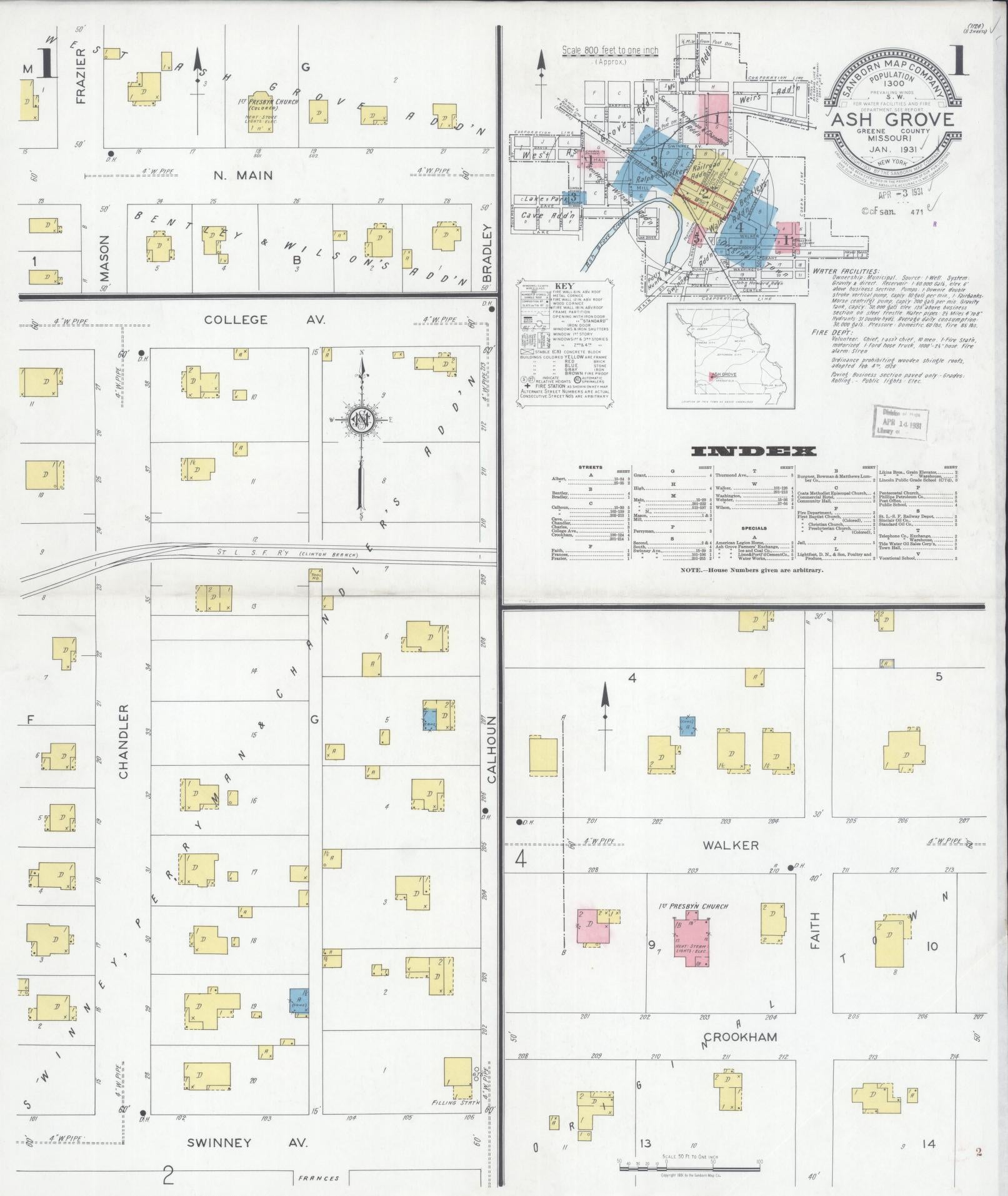 Sanborn Fire Insurance Map from Ash Grove, Greene County, Missouri (1931), Sheet #0001 - Historic Sanborn Fire Insurance Map Print, vintage old map wall art, antique decor, genealogy gift, Missouri Missouri map