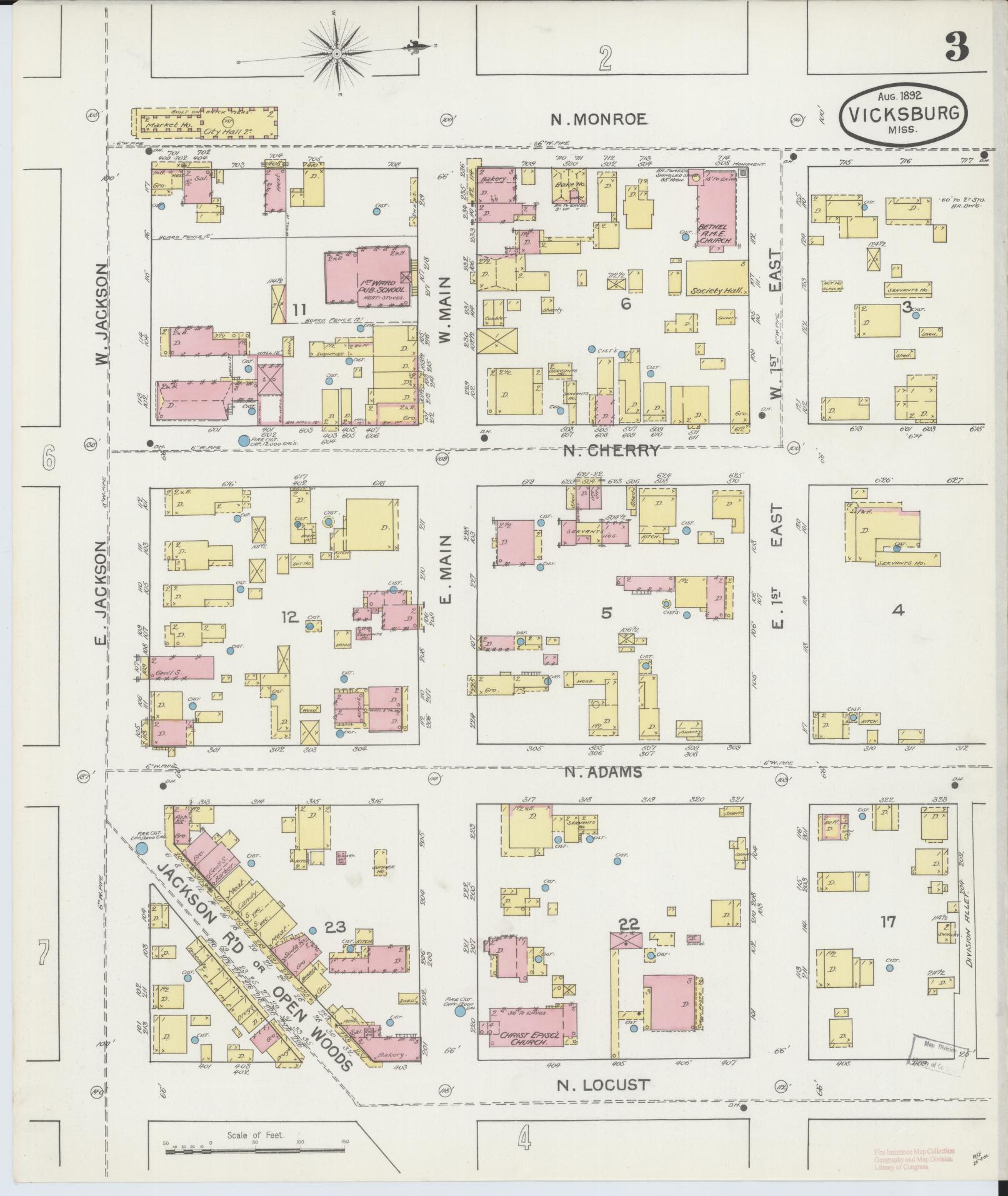 Sanborn Fire Insurance Map from Vicksburg, Warren County, Mississippi (1892), Sheet #0003 - Historic Sanborn Fire Insurance Map Print, vintage old map wall art, antique decor, genealogy gift, Mississippi Mississippi map