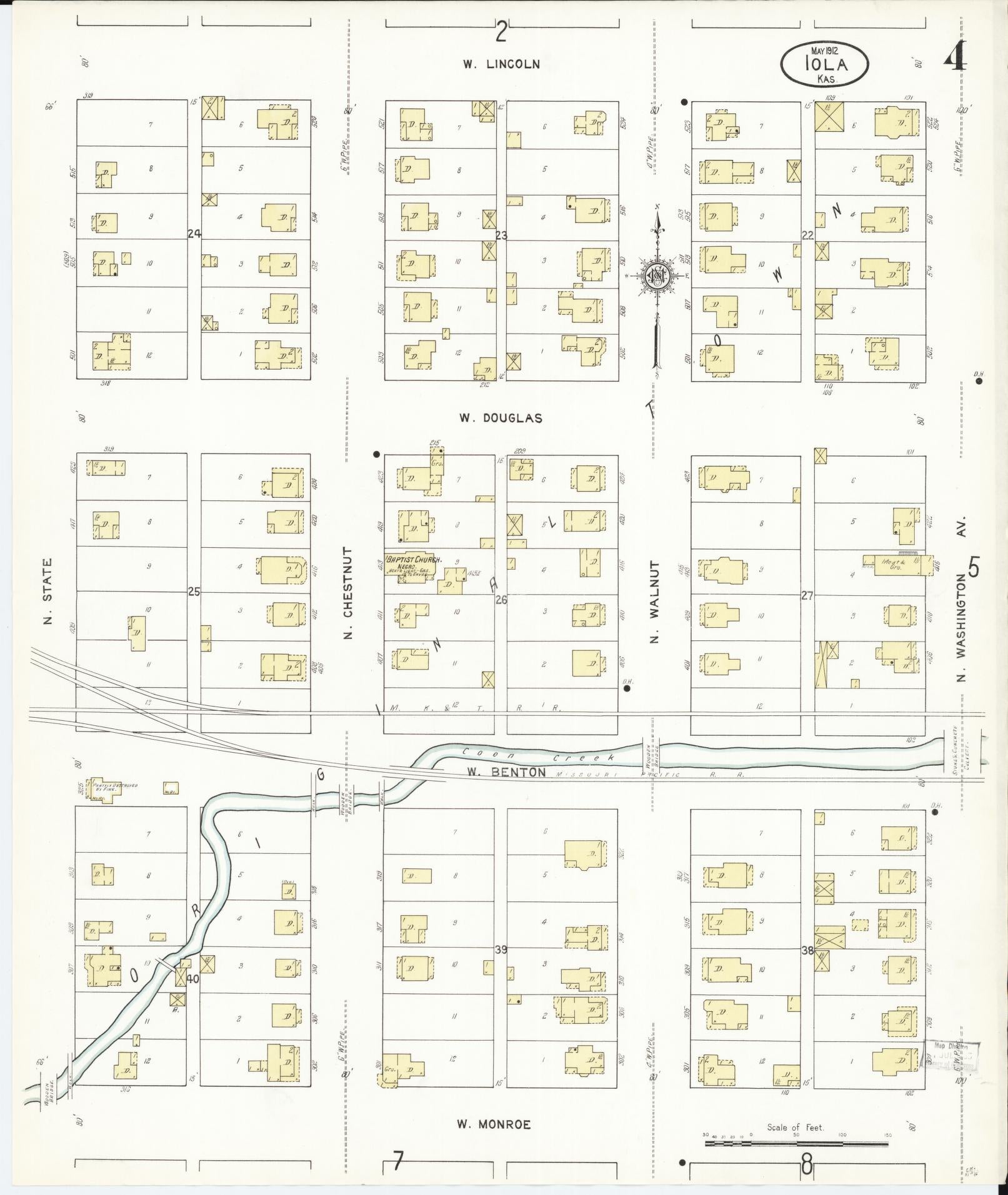 Sanborn Fire Insurance Map from Iola, Allen County, Kansas (1912), Sheet #0004 - Historic Sanborn Fire Insurance Map Print, vintage old map wall art, antique decor, genealogy gift, Kansas Kansas map