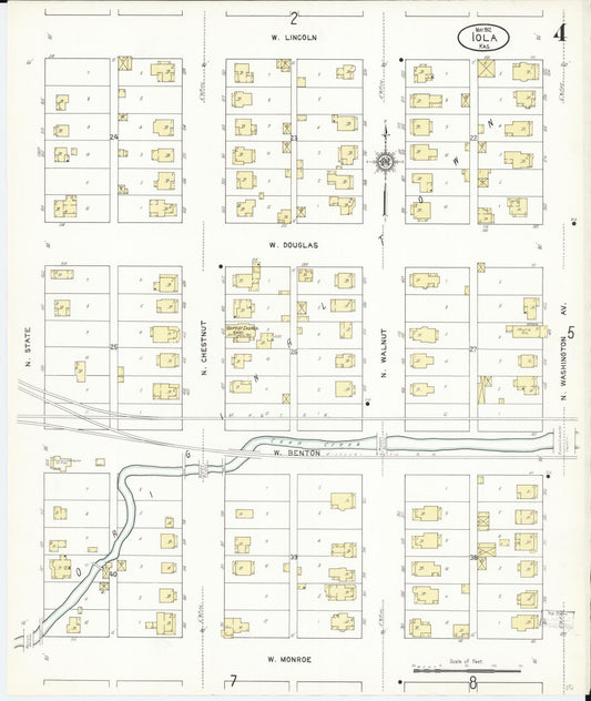 Sanborn Fire Insurance Map from Iola, Allen County, Kansas (1912), Sheet #0004 - Historic Sanborn Fire Insurance Map Print, vintage old map wall art, antique decor, genealogy gift, Kansas Kansas map