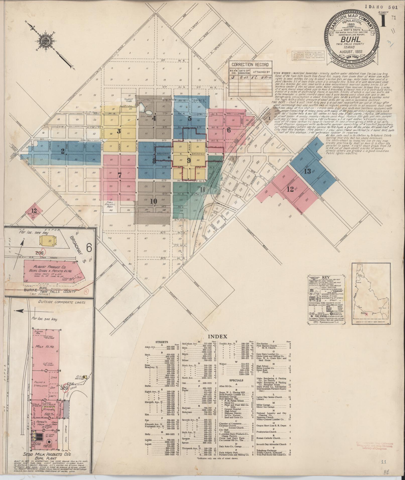 Sanborn Fire Insurance Map from Buhl, Twin Falls County, Idaho (1940), Sheet #0001 - Complete Map Set gallery image, historic Sanborn map, vintage wall art, Falls Idaho