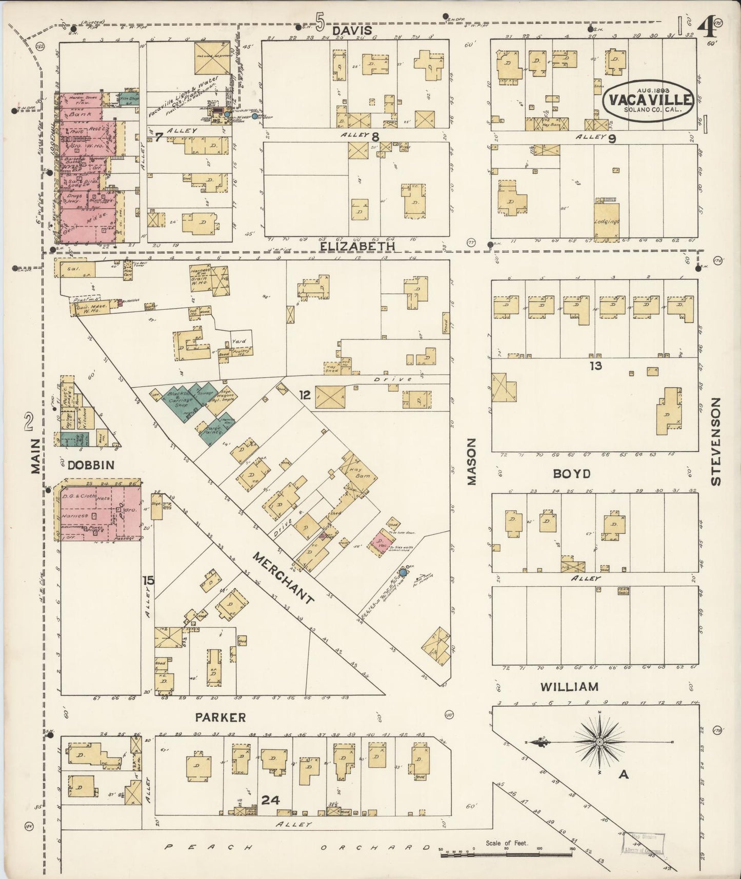 Sanborn Fire Insurance Map from Vacaville, Solano County, California (1893), Sheet #0004 - Complete Map Set gallery image, historic Sanborn map, vintage wall art, California California