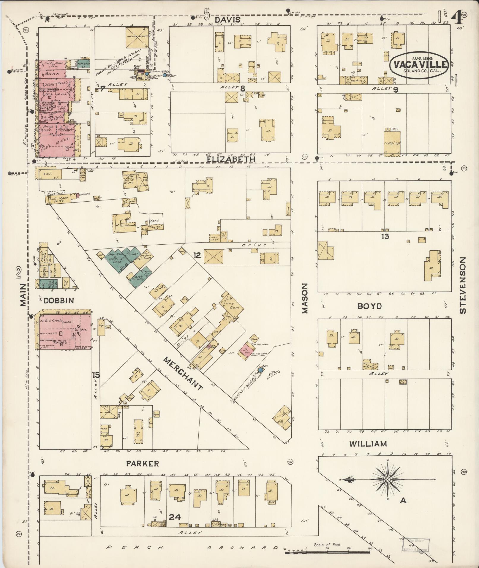 Sanborn Fire Insurance Map from Vacaville, Solano County, California (1893), Sheet #0004 - Complete Map Set gallery image, historic Sanborn map, vintage wall art, California California