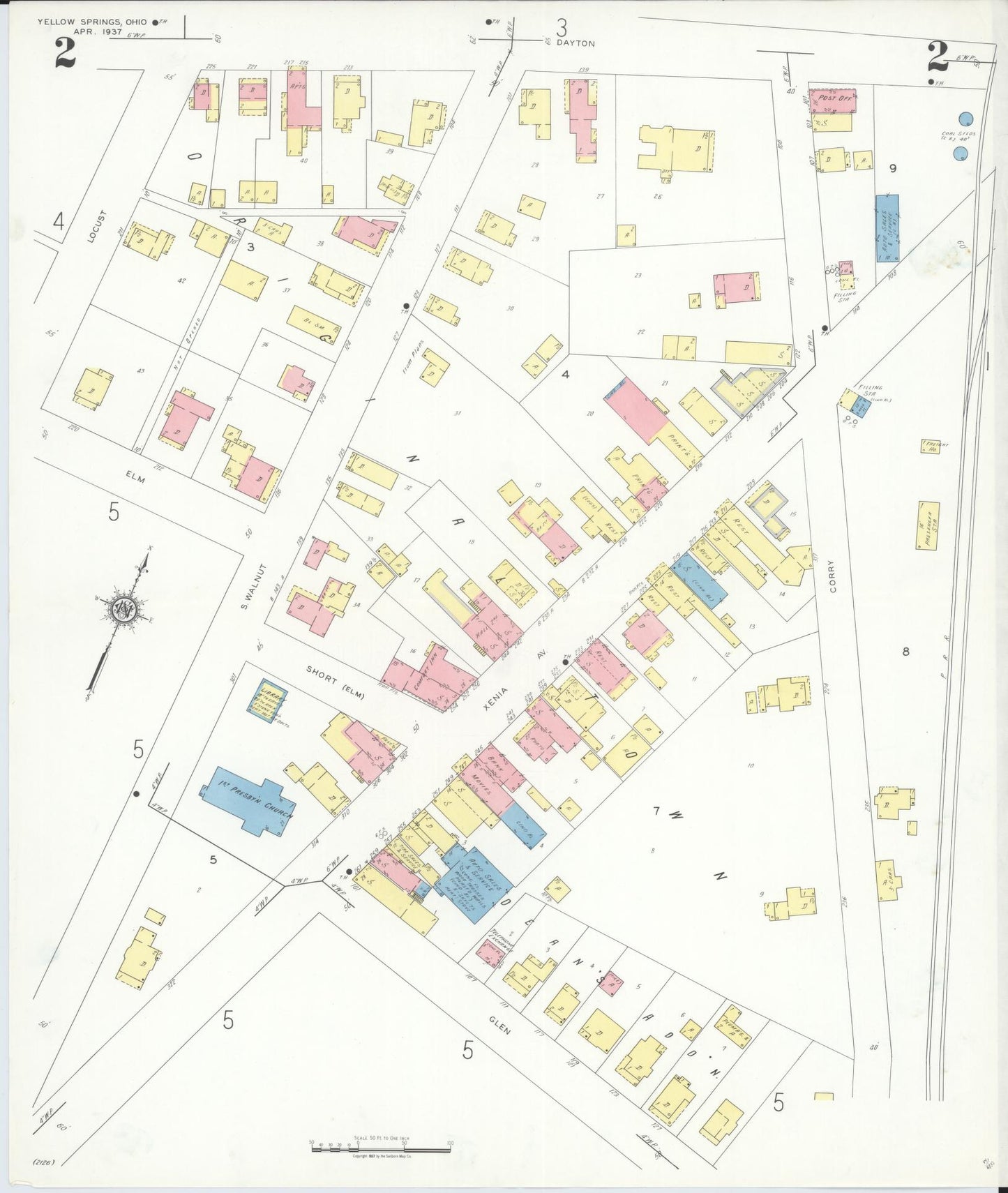 Sanborn Fire Insurance Map from Yellow Springs, Greene County, Ohio (1937), Sheet #0002 - Historic Sanborn Fire Insurance Map Print, vintage old map wall art, antique decor, genealogy gift, Ohio Ohio map