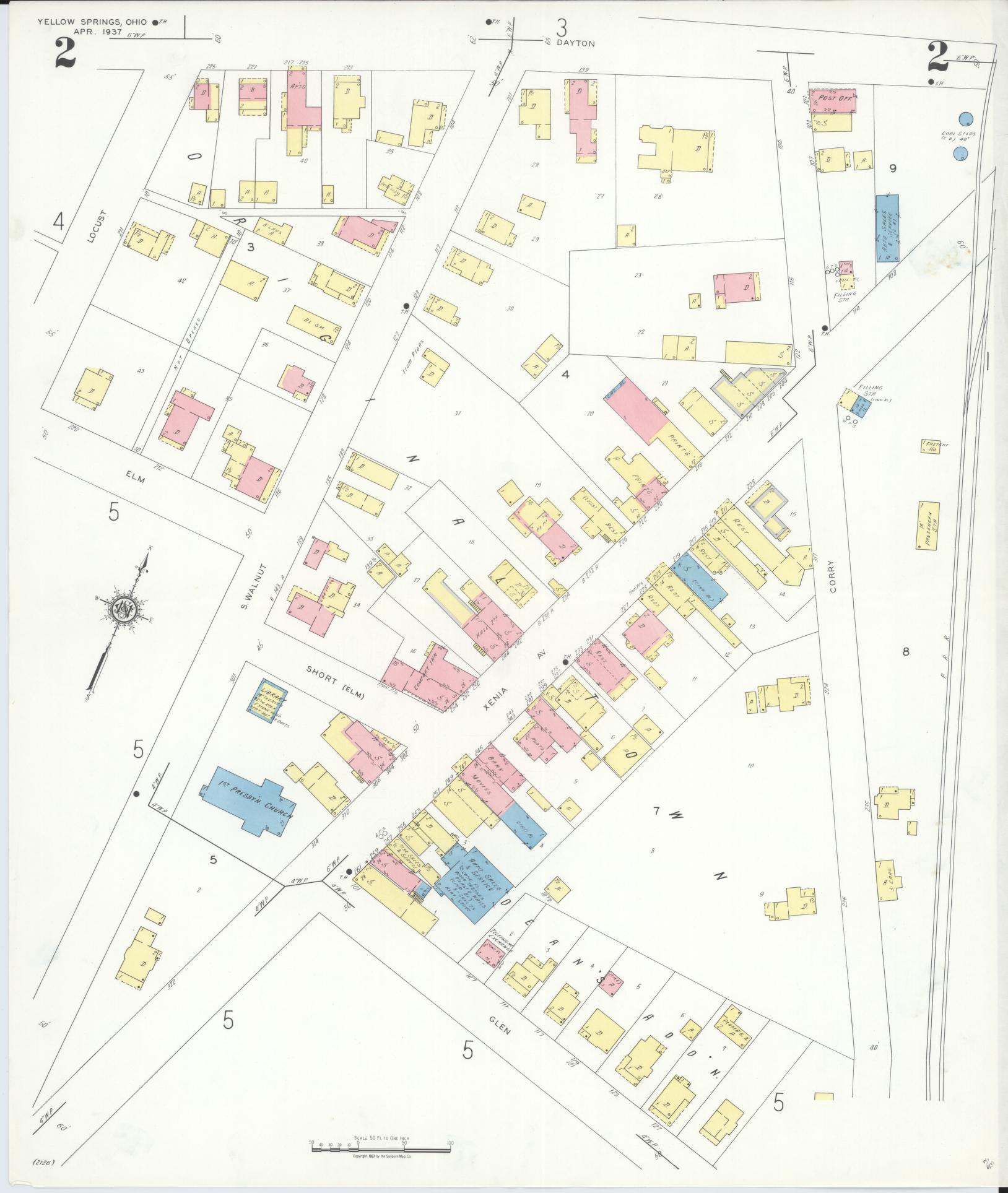 Sanborn Fire Insurance Map from Yellow Springs, Greene County, Ohio (1937), Sheet #0002 - Historic Sanborn Fire Insurance Map Print, vintage old map wall art, antique decor, genealogy gift, Ohio Ohio map
