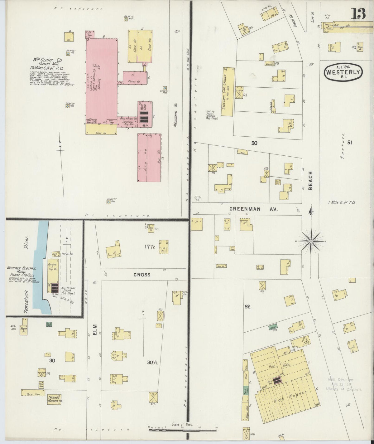 Sanborn Fire Insurance Map from Westerly, Washington County, Rhode Island (1896), Sheet #0013 - Historic Sanborn Fire Insurance Map Print, vintage old map wall art, antique decor, genealogy gift, Rhode Island Rhode Island map