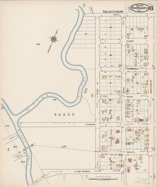 Sanborn Fire Insurance Map from New Braunfels, Comal County, Texas (1922), Sheet #0008 - Historic Sanborn Fire Insurance Map Print, vintage old map wall art, antique decor, genealogy gift, Texas Texas map