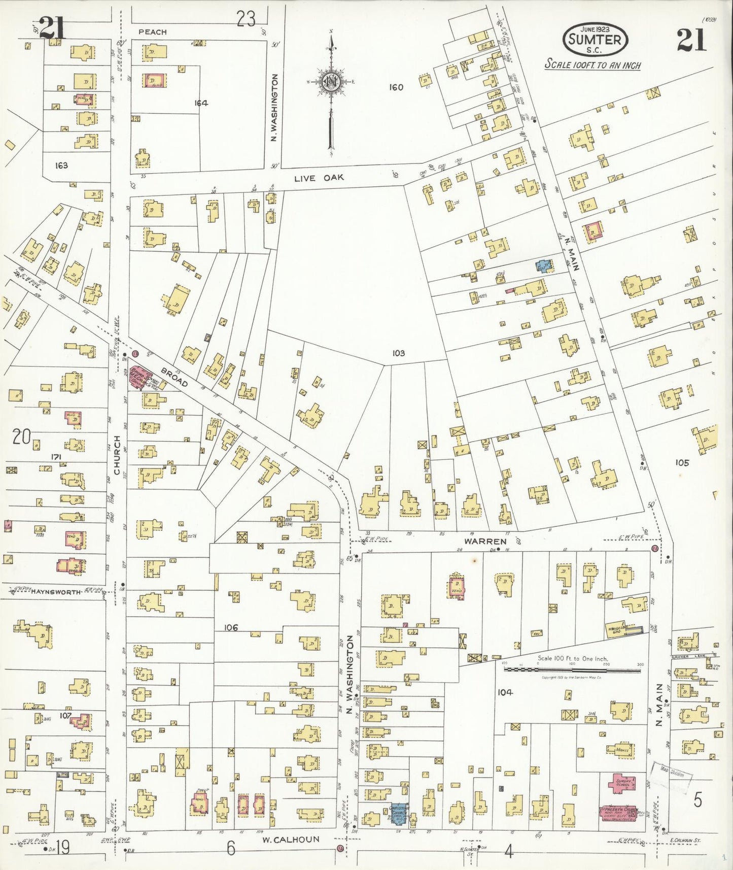 Sanborn Fire Insurance Map from Sumter, Sumter County, South Carolina (1923), Sheet #0021 - Historic Sanborn Fire Insurance Map Print, vintage old map wall art, antique decor, genealogy gift, South Carolina South Carolina map