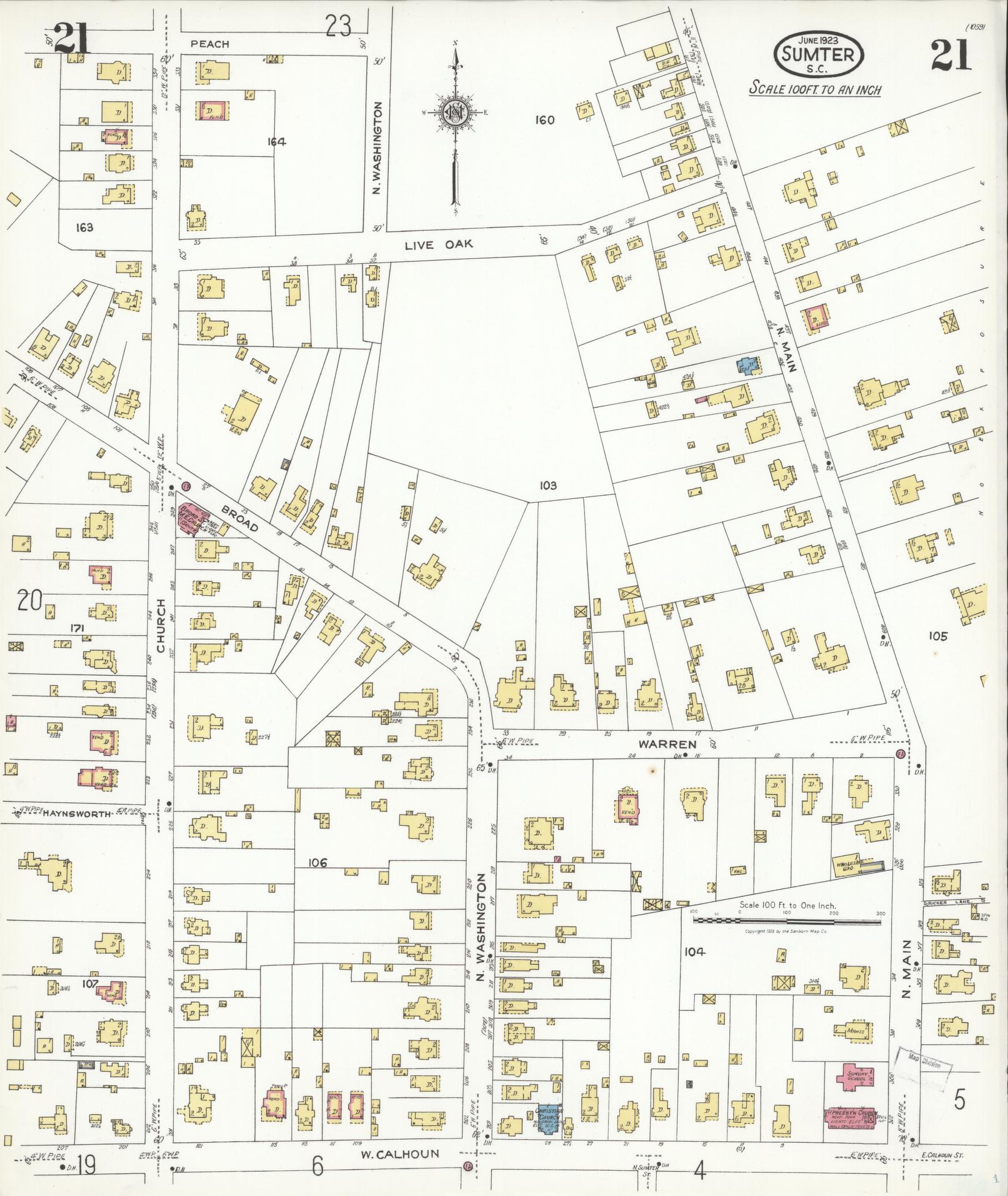 Sanborn Fire Insurance Map from Sumter, Sumter County, South Carolina (1923), Sheet #0021 - Historic Sanborn Fire Insurance Map Print, vintage old map wall art, antique decor, genealogy gift, South Carolina South Carolina map