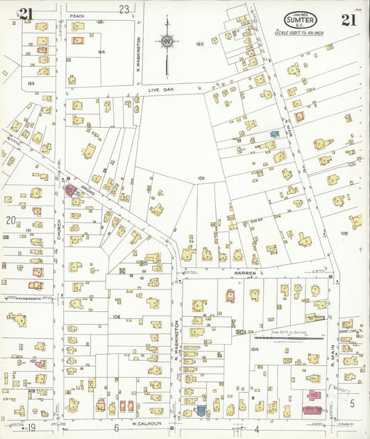 Sanborn Fire Insurance Map from Sumter, Sumter County, South Carolina (1923), Sheet #0021 - Historic Sanborn Fire Insurance Map Print, vintage old map wall art, antique decor, genealogy gift, South Carolina South Carolina map