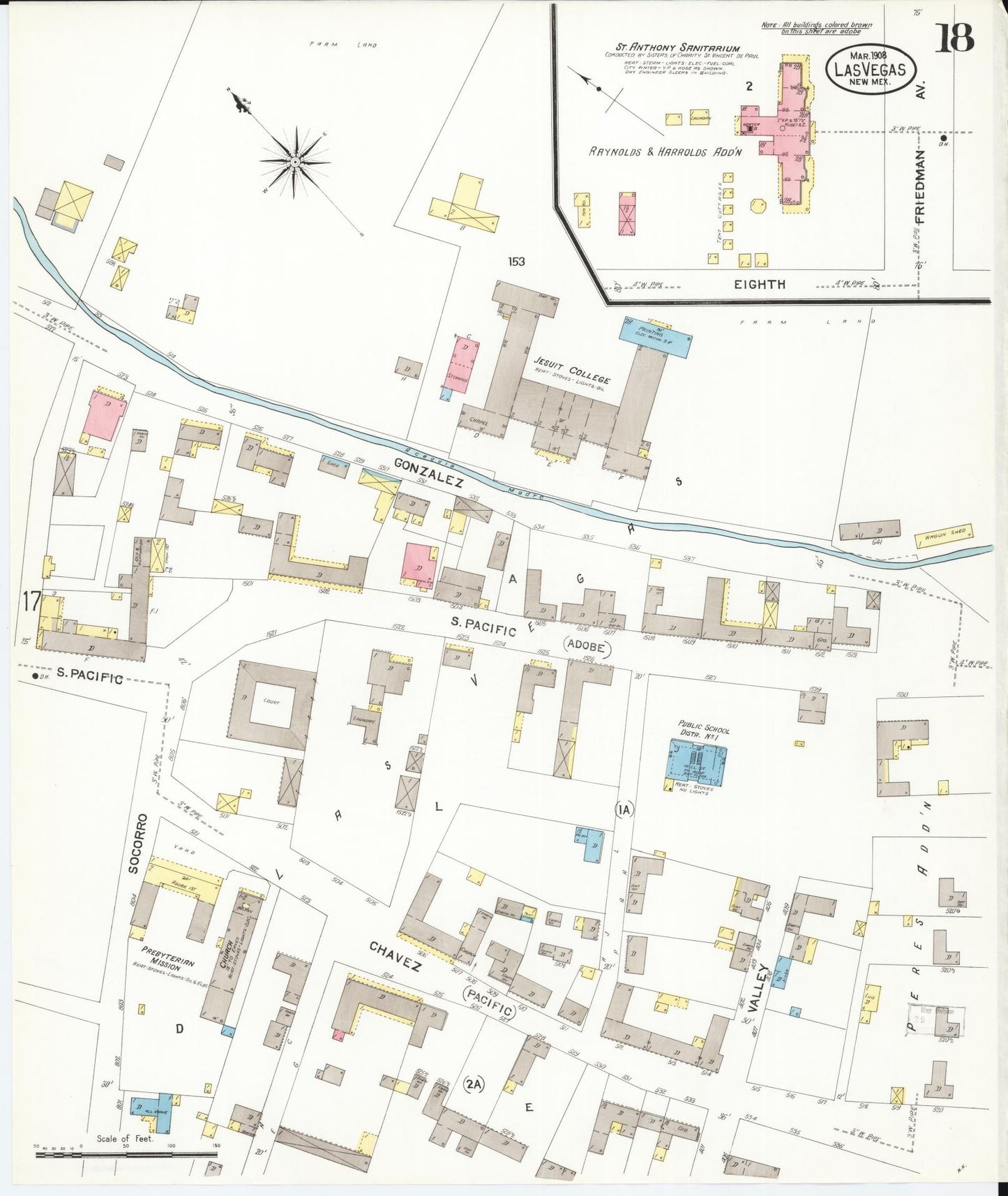 Sanborn Fire Insurance Map from Las Vegas, San Miguel County, New Mexico (1908), Sheet #0018 - Historic Sanborn Fire Insurance Map Print, vintage old map wall art, antique decor, genealogy gift, New Mexico New Mexico map