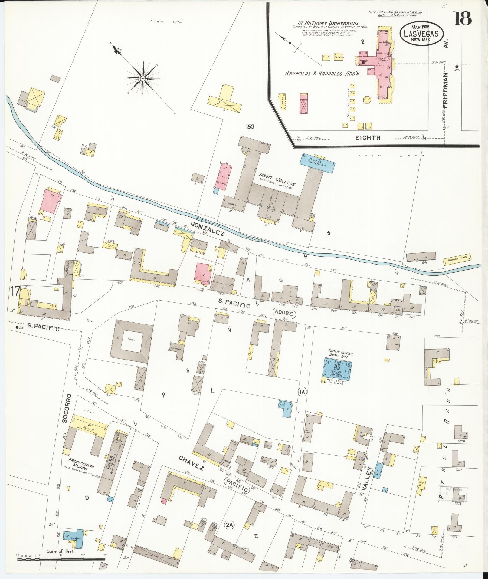Sanborn Fire Insurance Map from Las Vegas, San Miguel County, New Mexico (1908), Sheet #0018 - Historic Sanborn Fire Insurance Map Print, vintage old map wall art, antique decor, genealogy gift, New Mexico New Mexico map