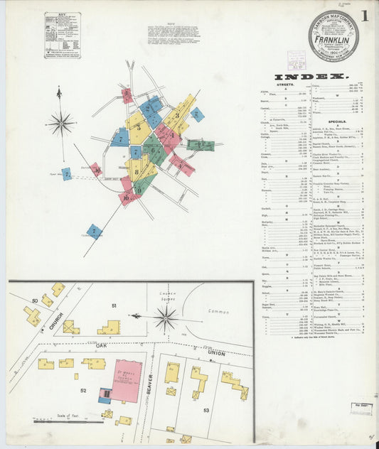 Sanborn Fire Insurance Map from Franklin, Norfolk County, Massachusetts (1904), Sheet #0001 - Complete Map Set gallery image, historic Sanborn map, vintage wall art, Massachusetts Massachusetts