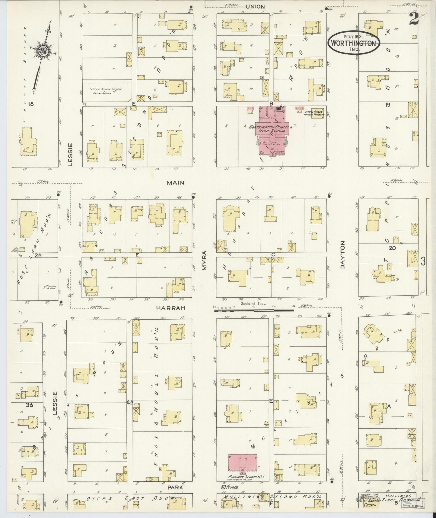 Sanborn Fire Insurance Map from Worthington, Greene County, Indiana (1913), Sheet #0002 - Complete Map Set gallery image, historic Sanborn map, vintage wall art, Indiana Indiana