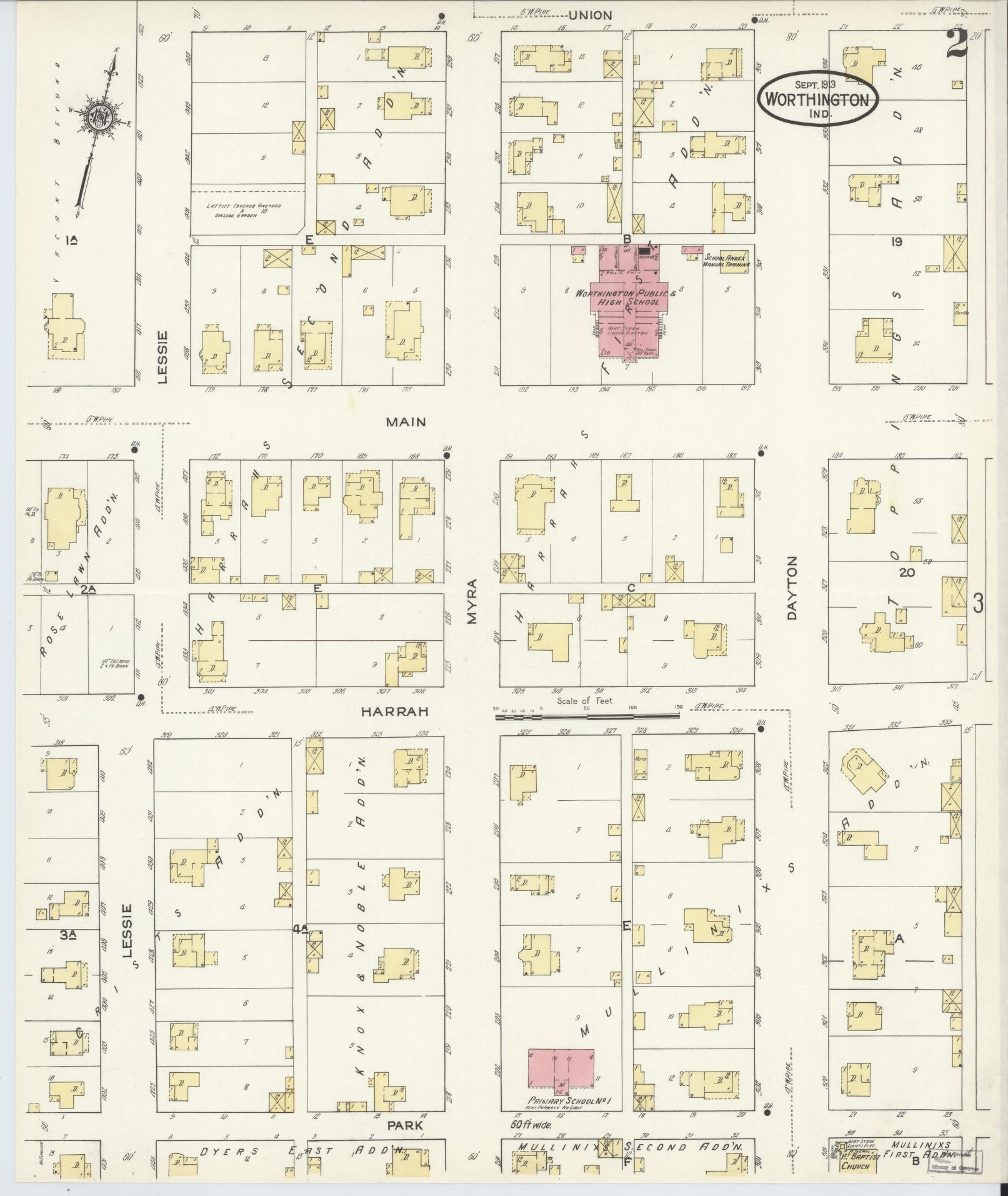 Sanborn Fire Insurance Map from Worthington, Greene County, Indiana (1913), Sheet #0002 - Complete Map Set gallery image, historic Sanborn map, vintage wall art, Indiana Indiana