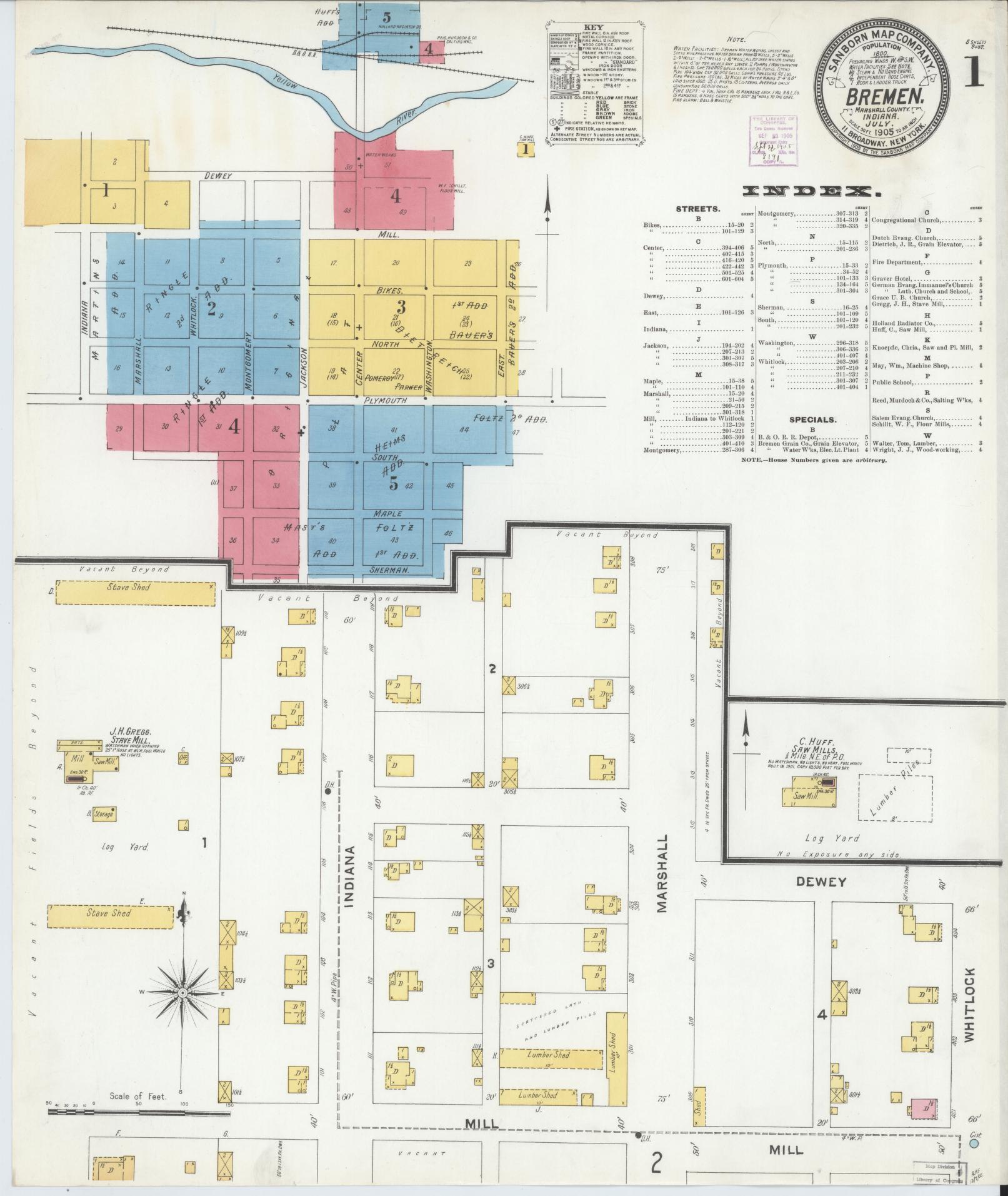 Sanborn Fire Insurance Map from Bremen, Marshall County, Indiana (1905), Sheet #0001 - Complete Map Set gallery image, historic Sanborn map, vintage wall art, Indiana Indiana