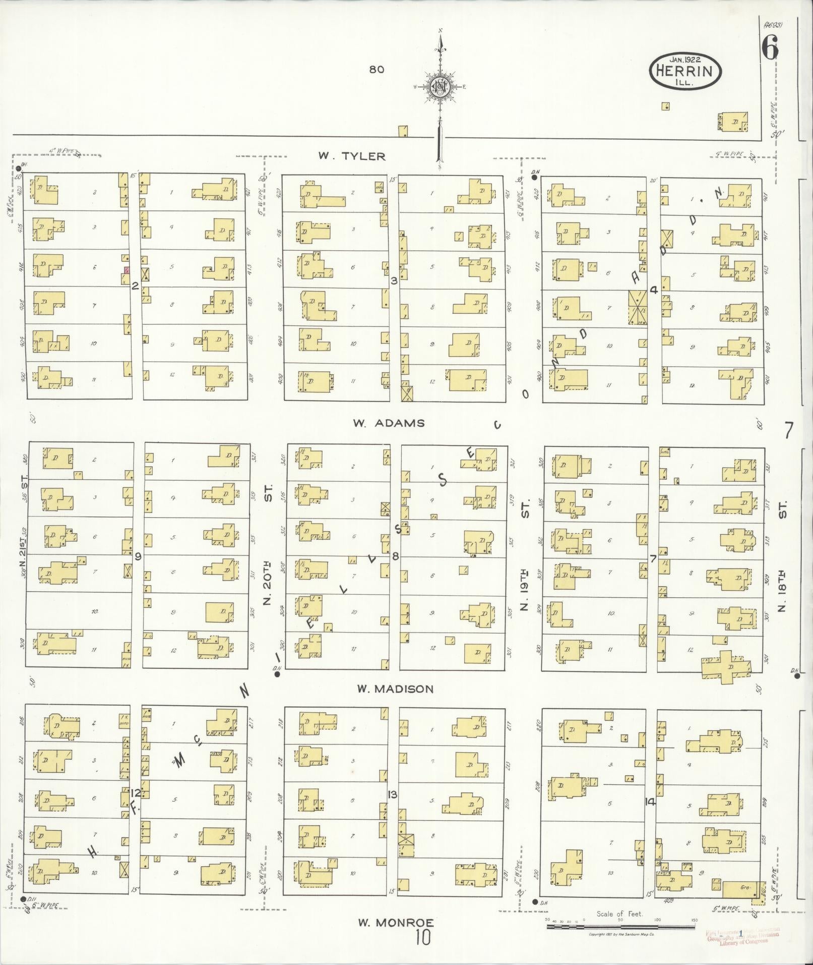 Sanborn Fire Insurance Map from Herrin, Williamson County, Illinois (1922), Sheet #0006 - Historic Sanborn Fire Insurance Map Print, vintage old map wall art, antique decor, genealogy gift, Illinois Illinois map