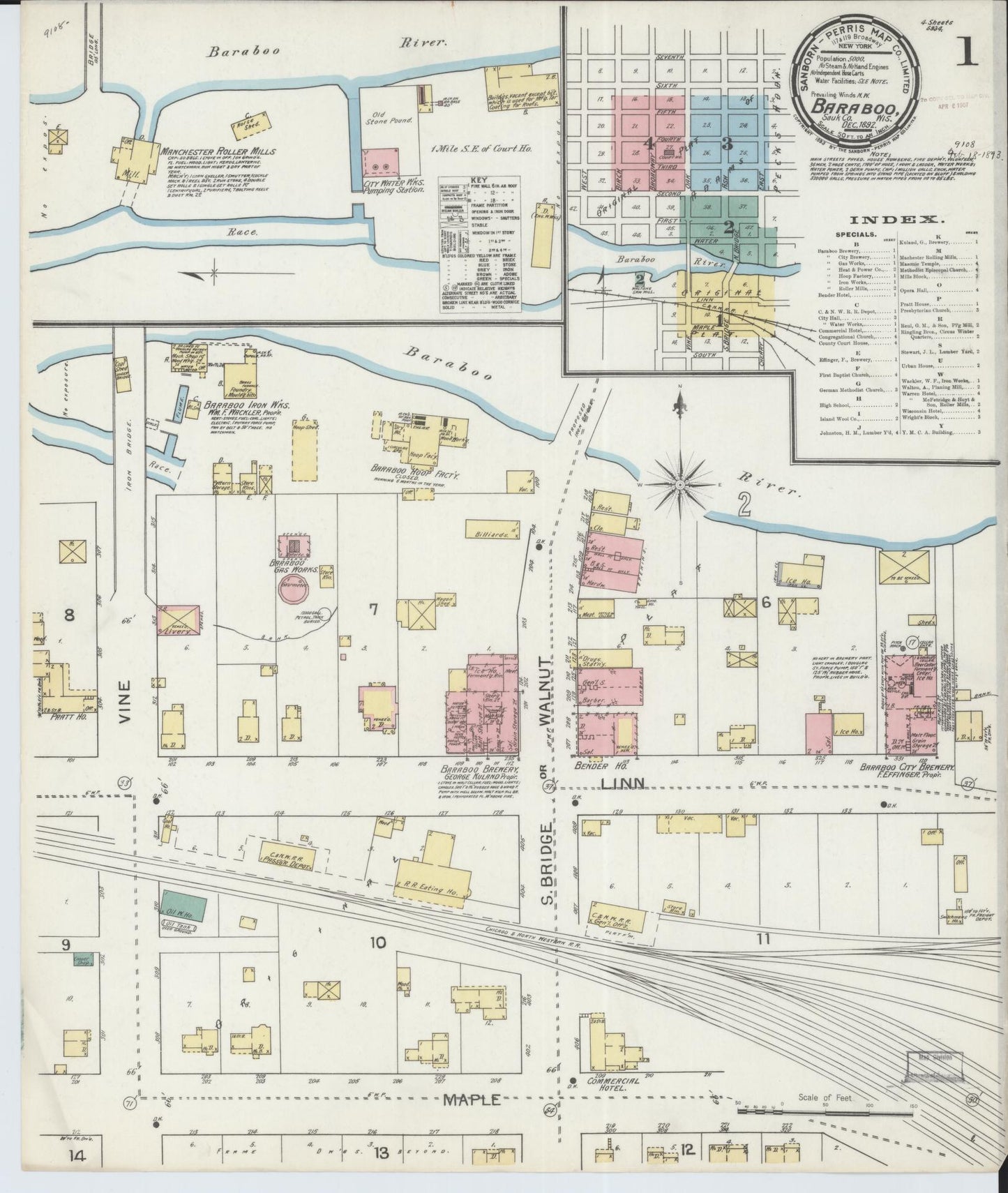 Sanborn Fire Insurance Map from Baraboo, Sauk County, Wisconsin (1892), Sheet #0001 - Complete Map Set gallery image, historic Sanborn map, vintage wall art, Wisconsin Wisconsin